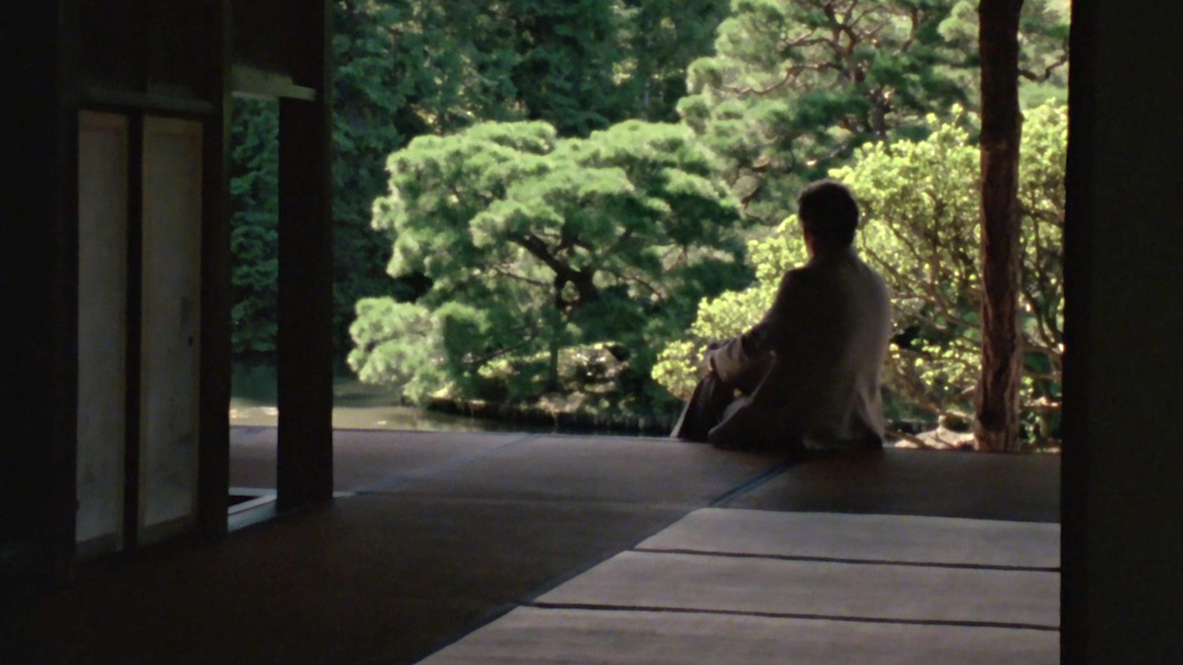 A person is sitting on the edge of a traditional Japanese building, looking out at a lush garden. Sunlight illuminates the foliage, creating a serene atmosphere.