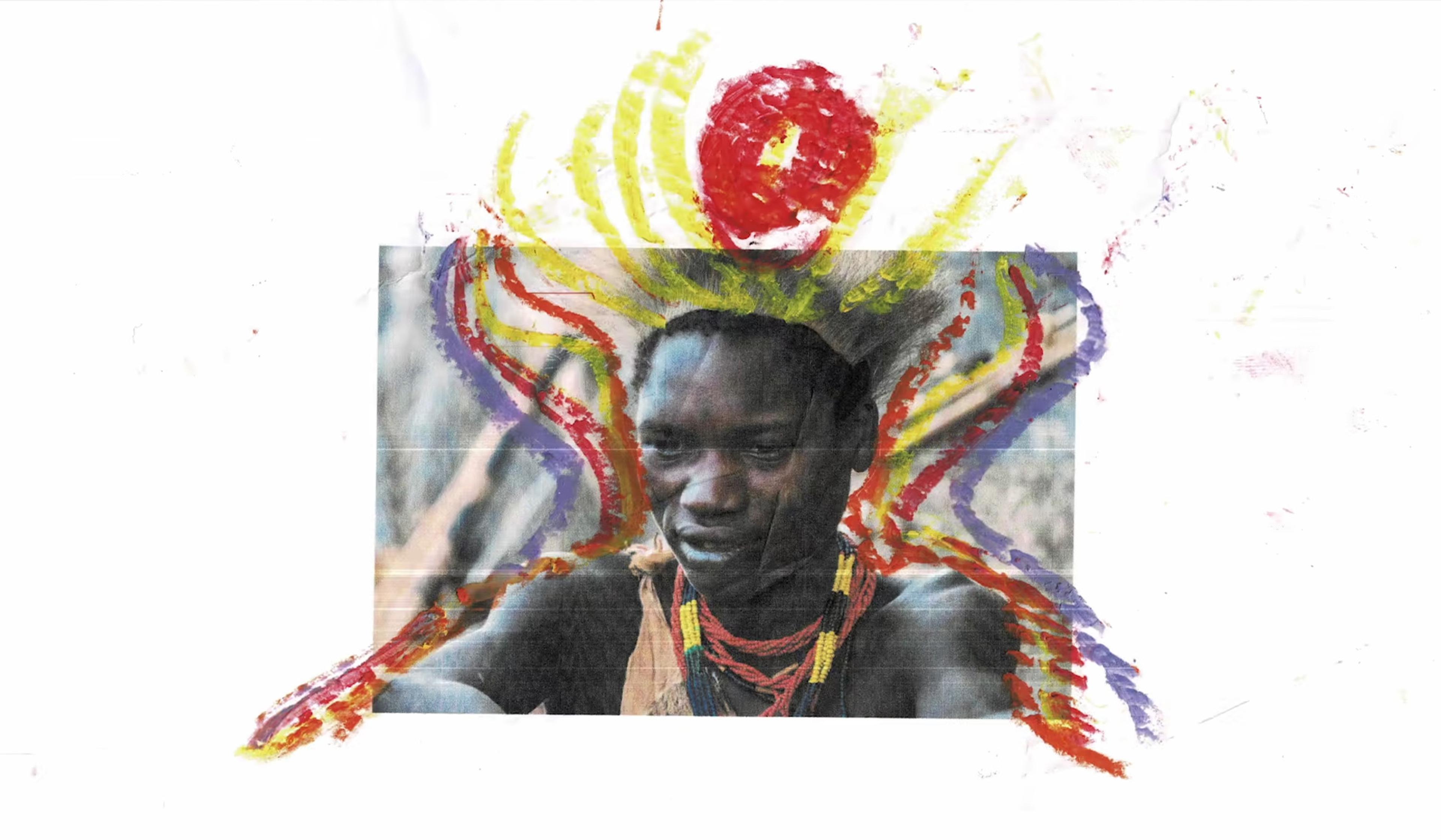 Photo of a person with colourful, abstract paint streaks surrounding their head on a white background, creating a radiant effect.