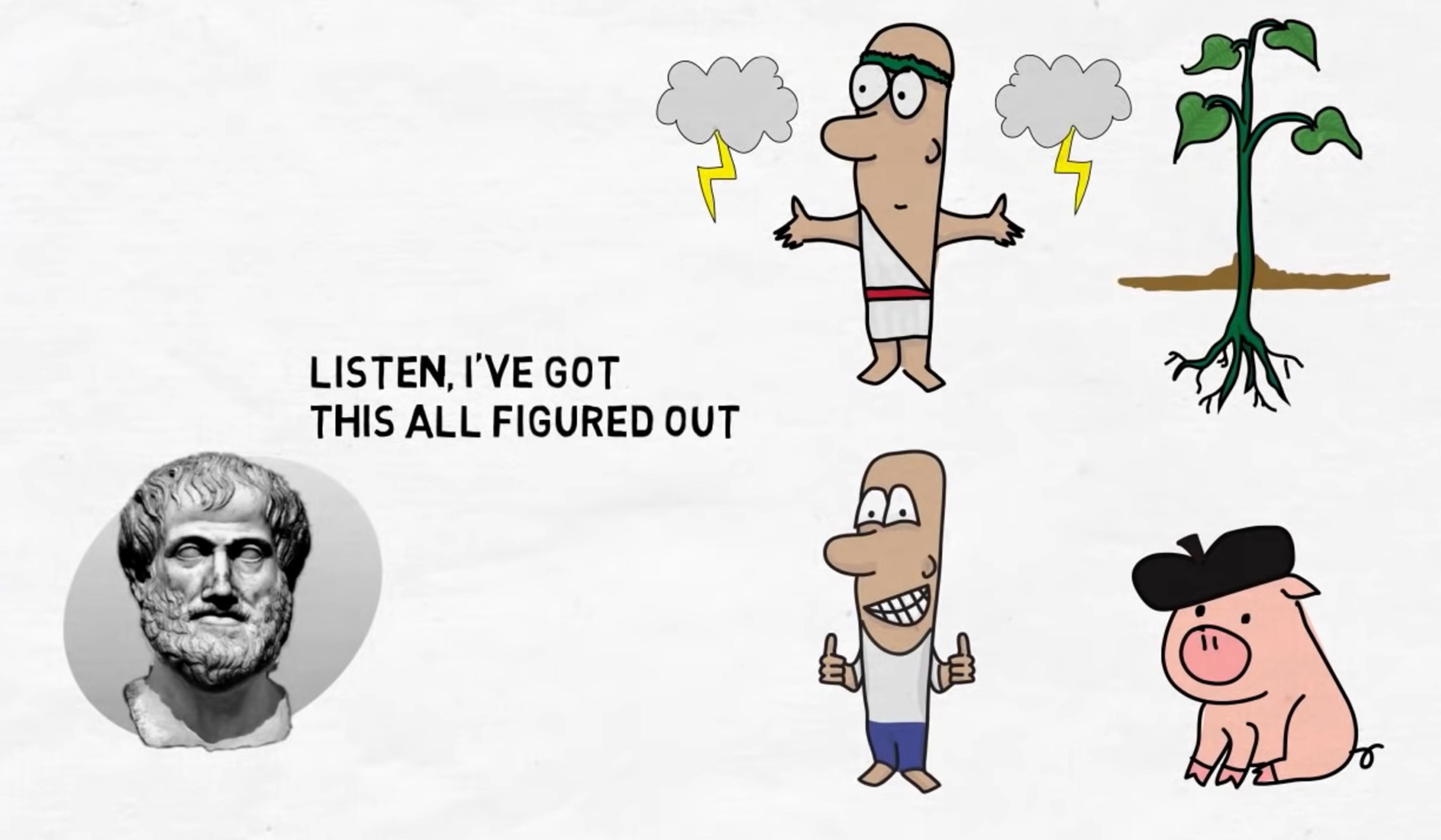 Cartoon philosopher explains nature with thought clouds, quotes “Listen, I’ve got this all figured out.” Below, a happy character gives thumbs up beside a pig.