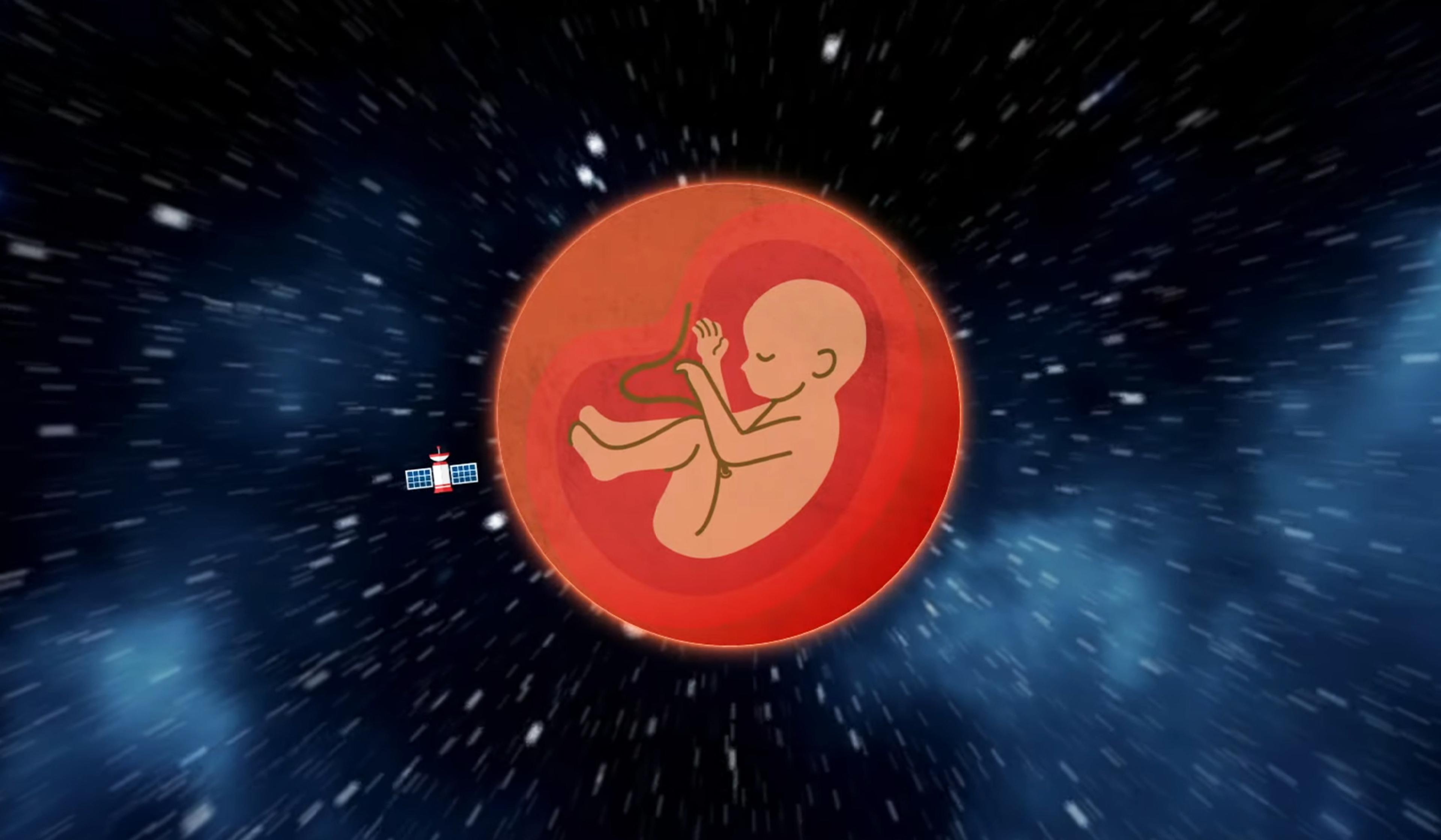 Illustration of a foetus inside a red orb, floating in space with a small satellite nearby against a starry galaxy background.