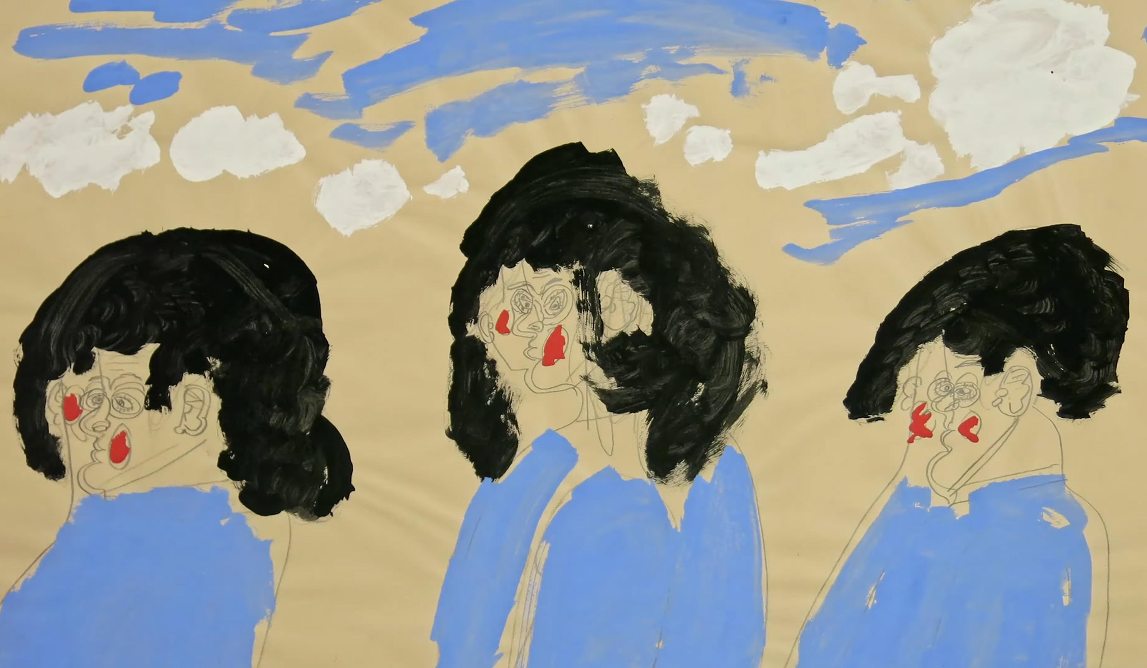 Three painted figures with large black hair, blue clothing, and red cheeks. Their faces are unpainted, drawn with kinetic linework over beige paper. Behind them are sparse white clouds and a blue sky.