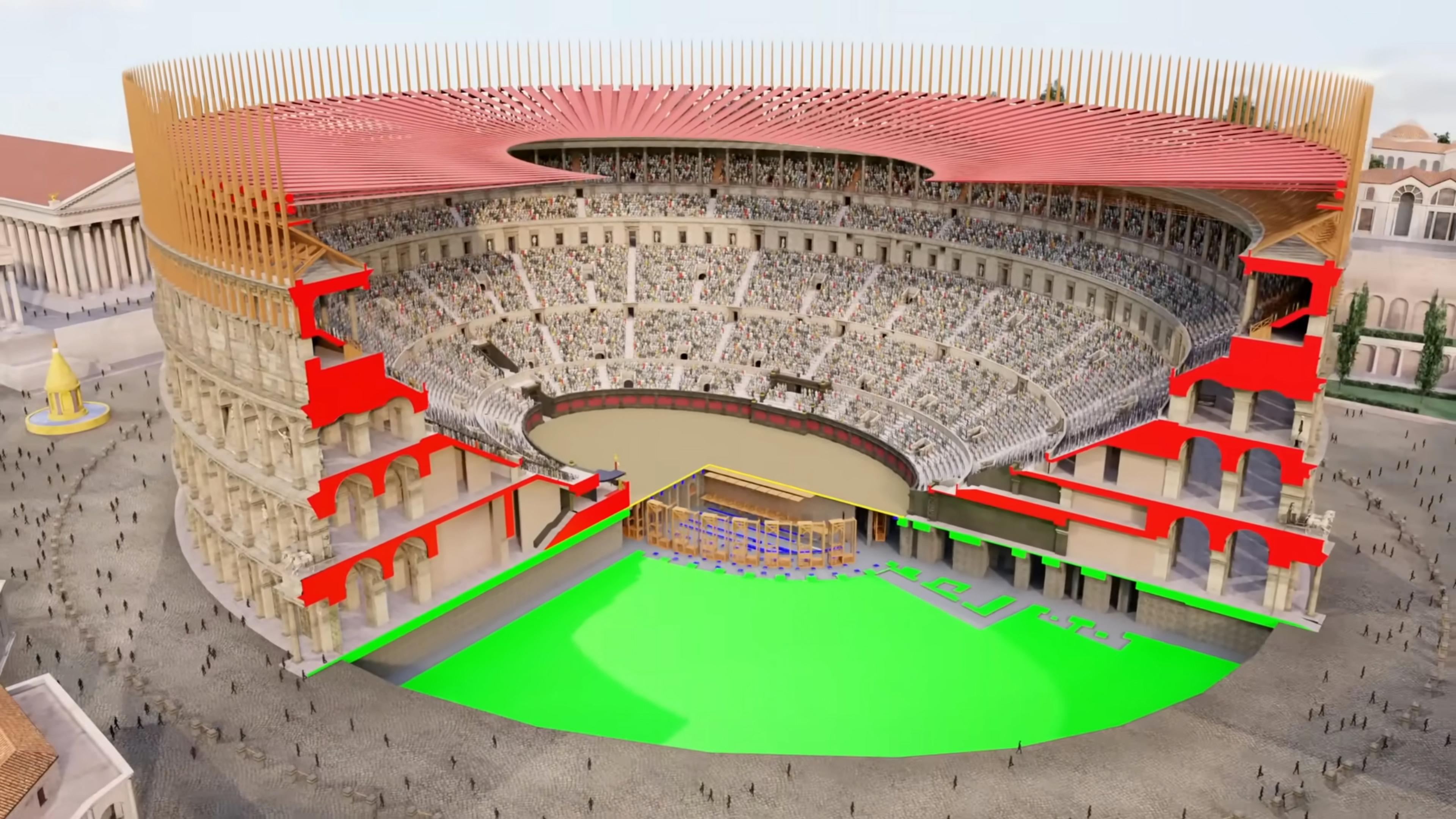 3D digital rendering of a cross-section of a Roman amphitheatre, showing architectural details and a large crowd inside.