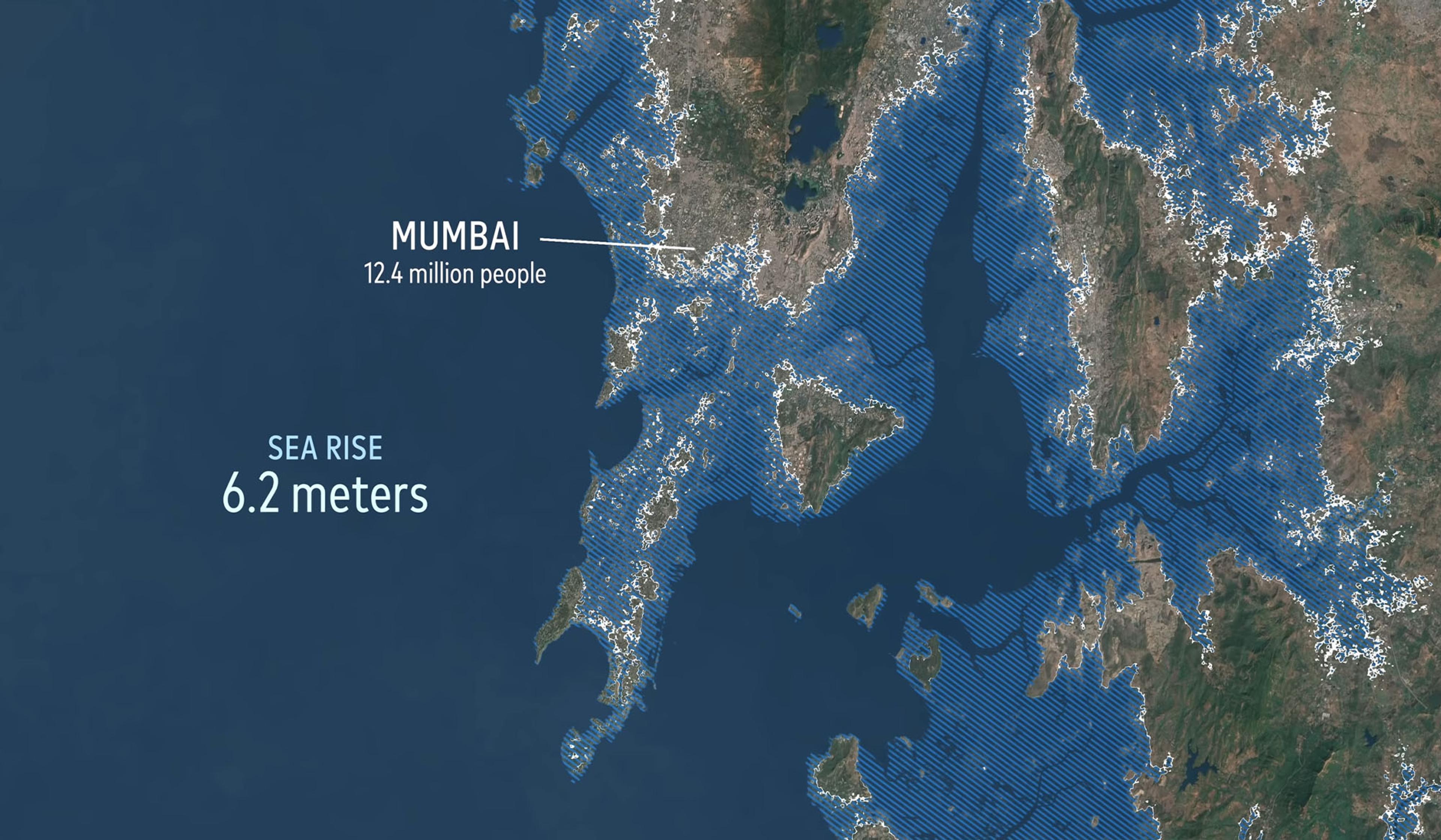 Map showing Mumbai with a 6.2-metre sea rise, indicating affected areas.