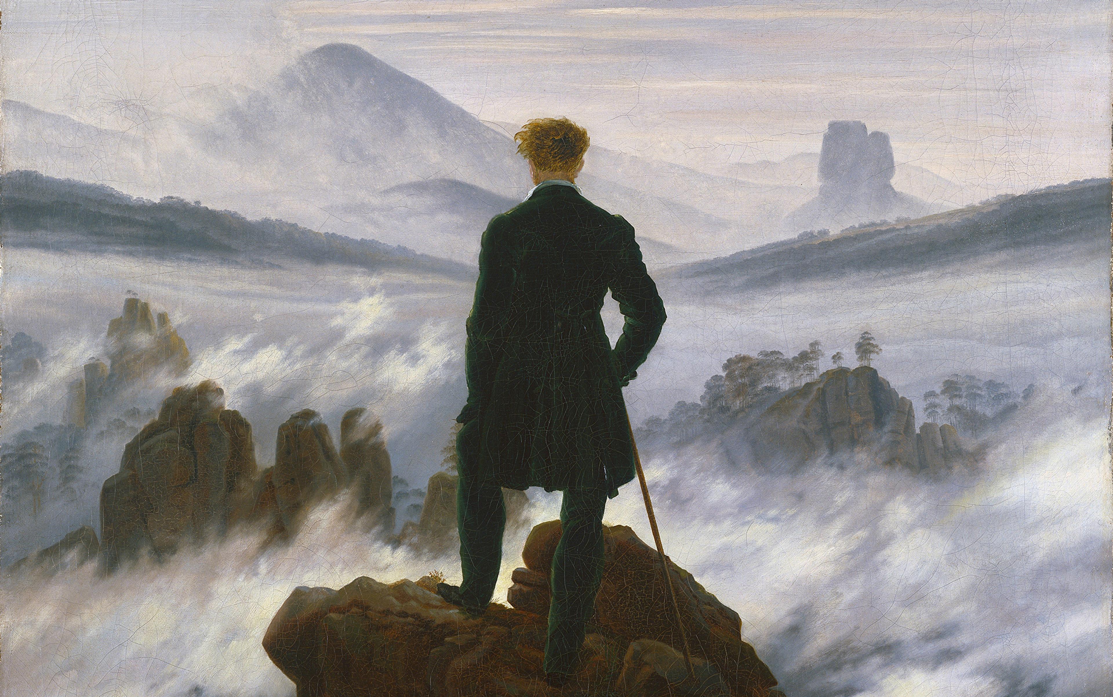Painting of a man on a rocky cliff overlooking a foggy mountainous landscape, with a walking stick in hand.