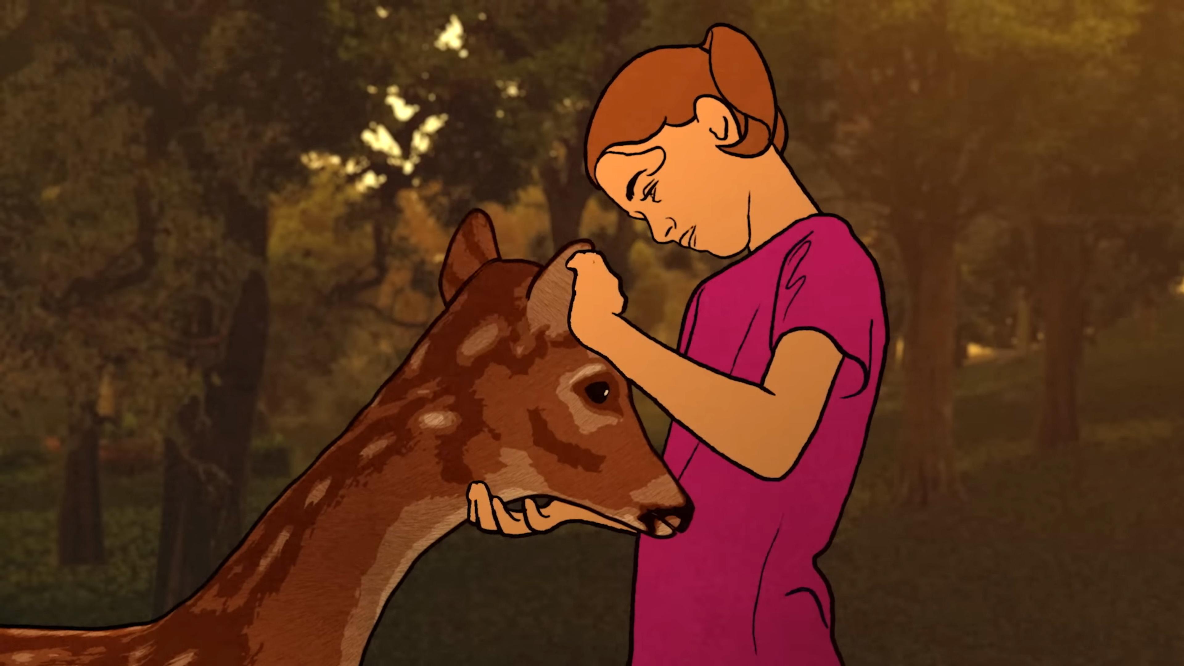 Illustration of a person in a pink shirt gently embracing a fawn in a forest setting.