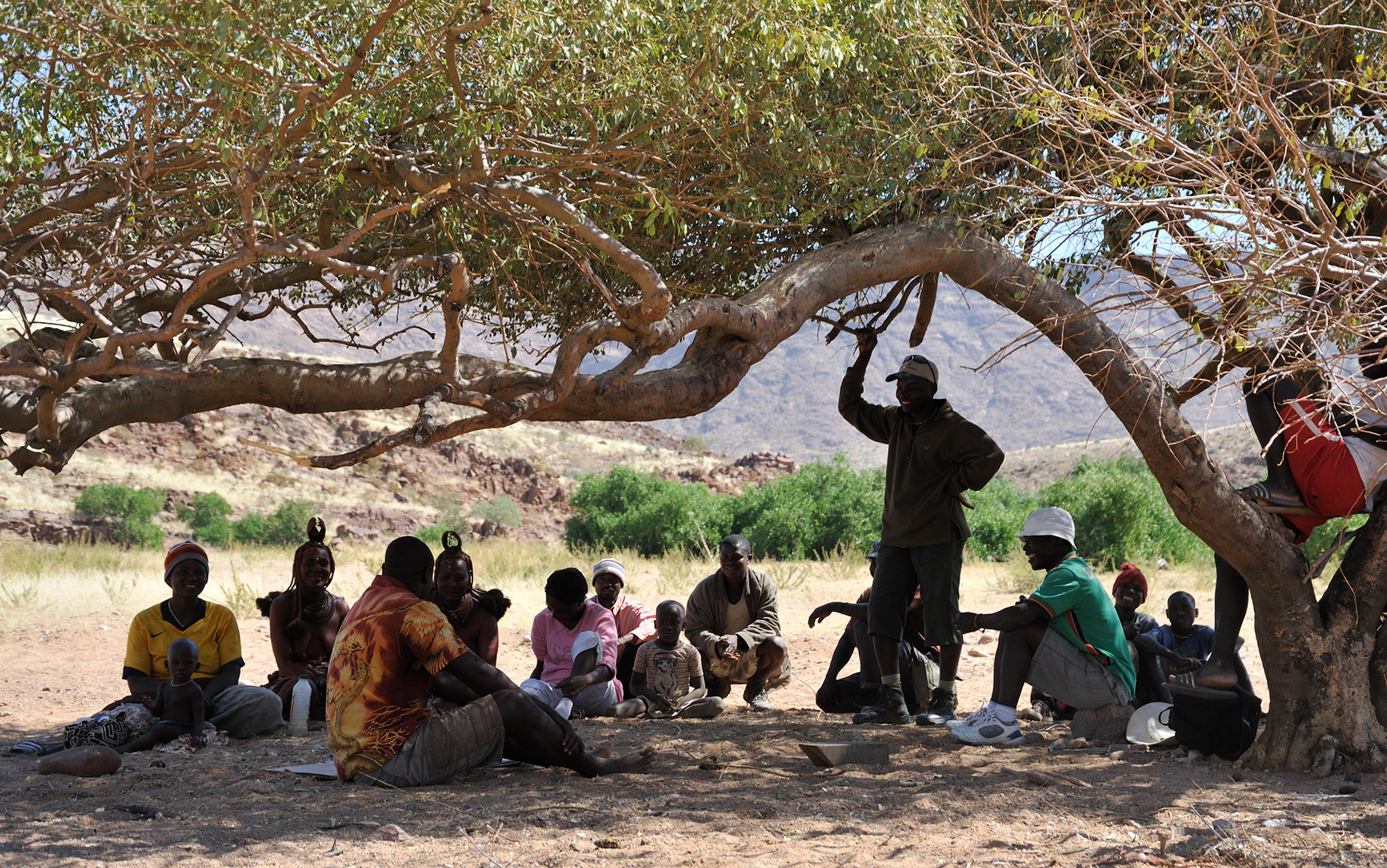 A group of people sitting or standing under a large tree in a dry, hilly landscape with shrubs and distant mountains.