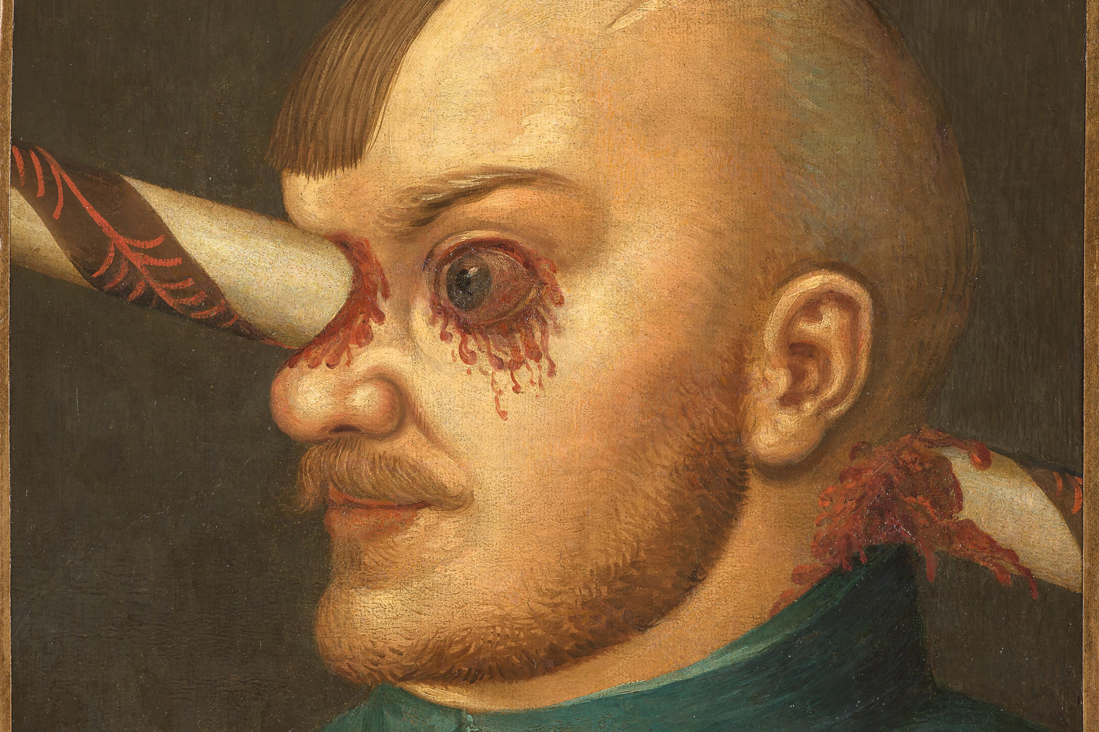 Painting of a man with a spear through his eye and head, showing a surreal and dramatic portrayal with detailed features.