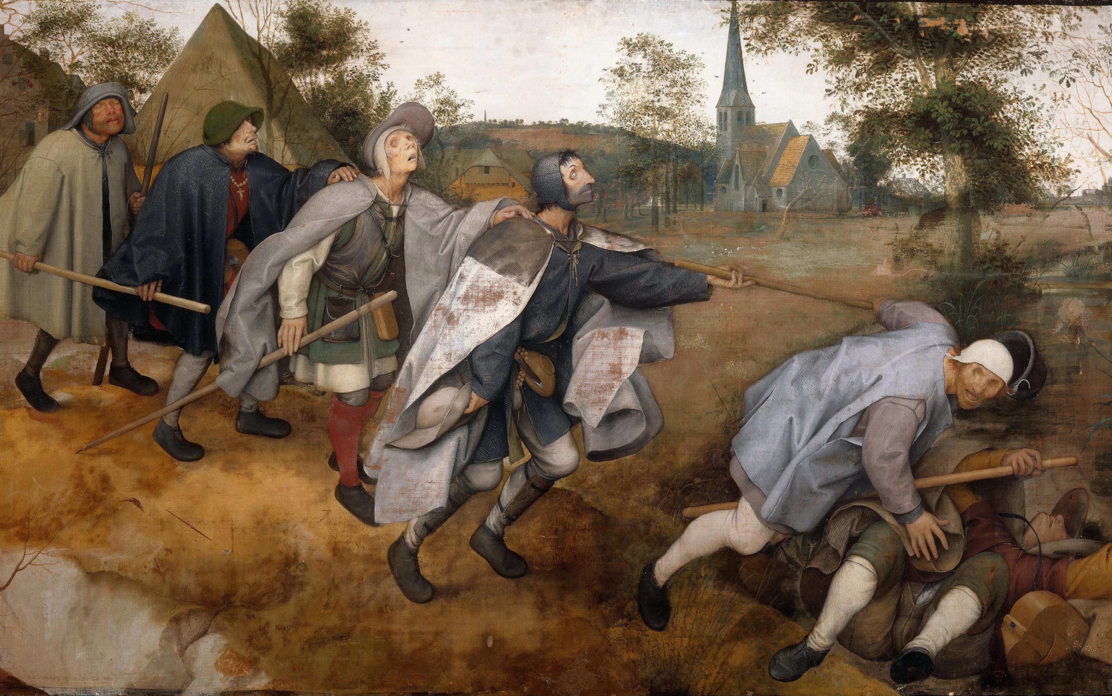 Painting of blind men with sticks leading one another, one has fallen, landscape and church in the background.