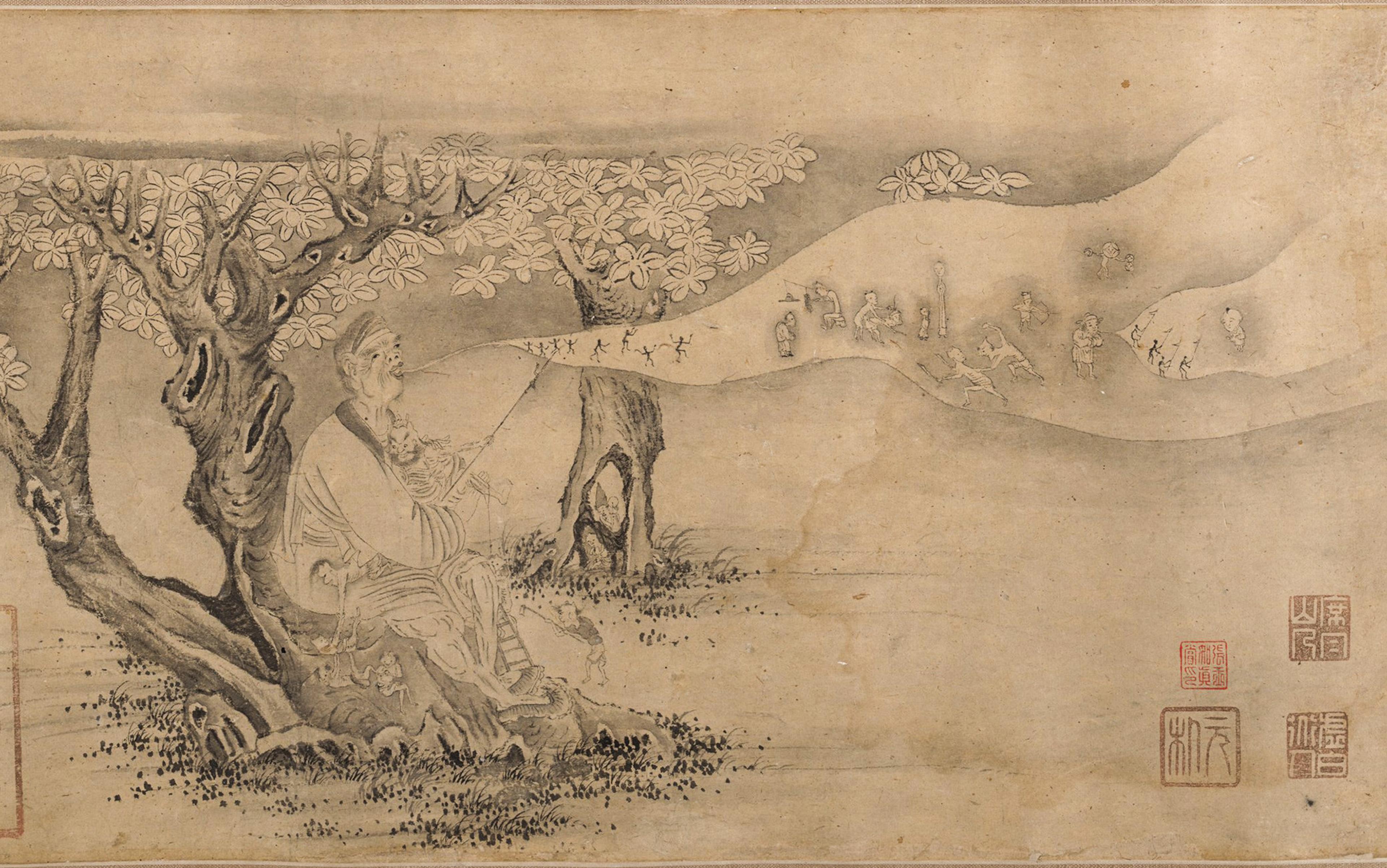 Ancient Chinese painting of a man under a tree with a trail of smoke coming from his mouth containing scenes of various figures, surrounded by miniature figures.