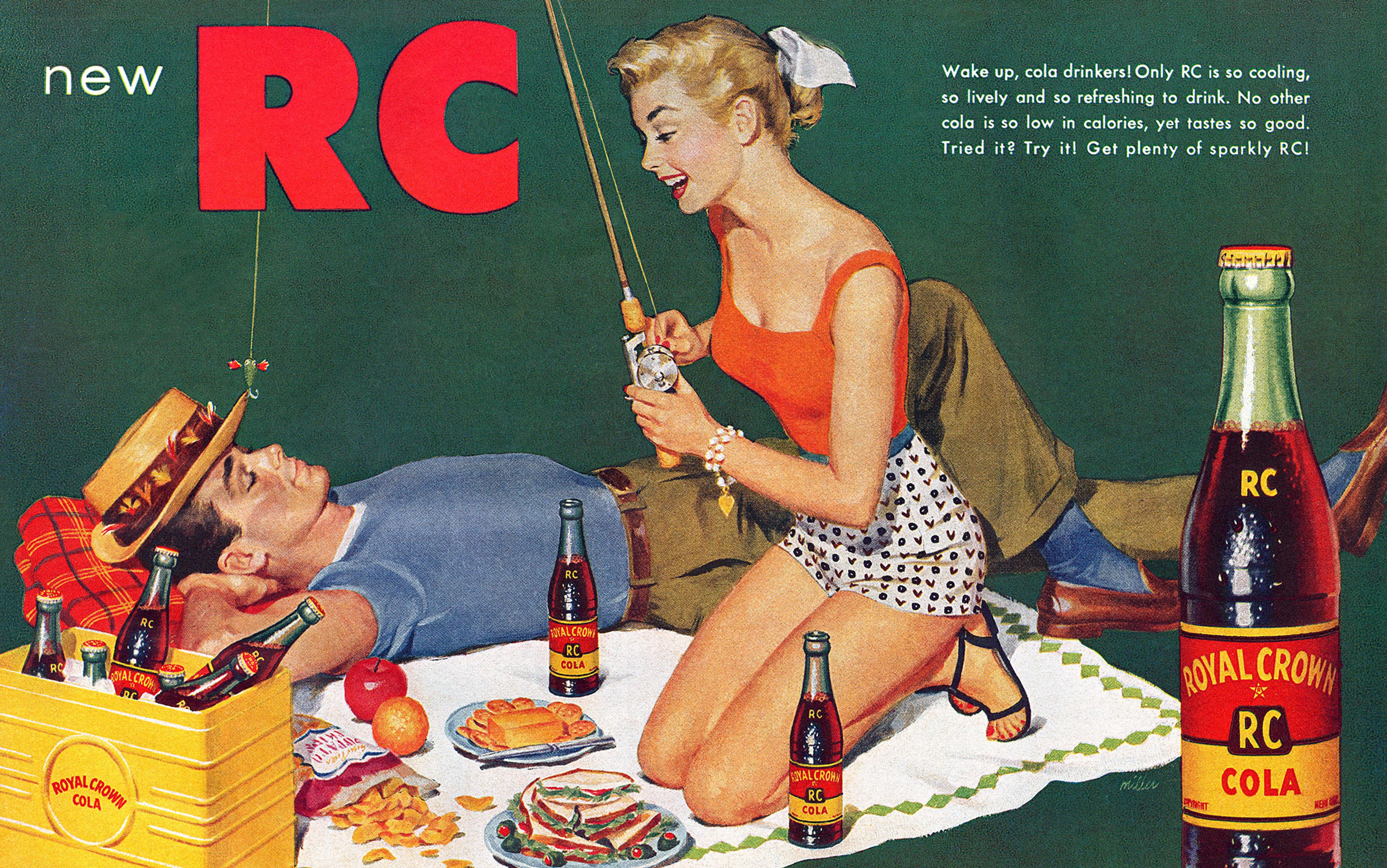 Vintage Royal Crown Cola advert with a woman fishing over a sleeping man at a picnic. Bottles of RC Cola and picnic snacks are displayed.