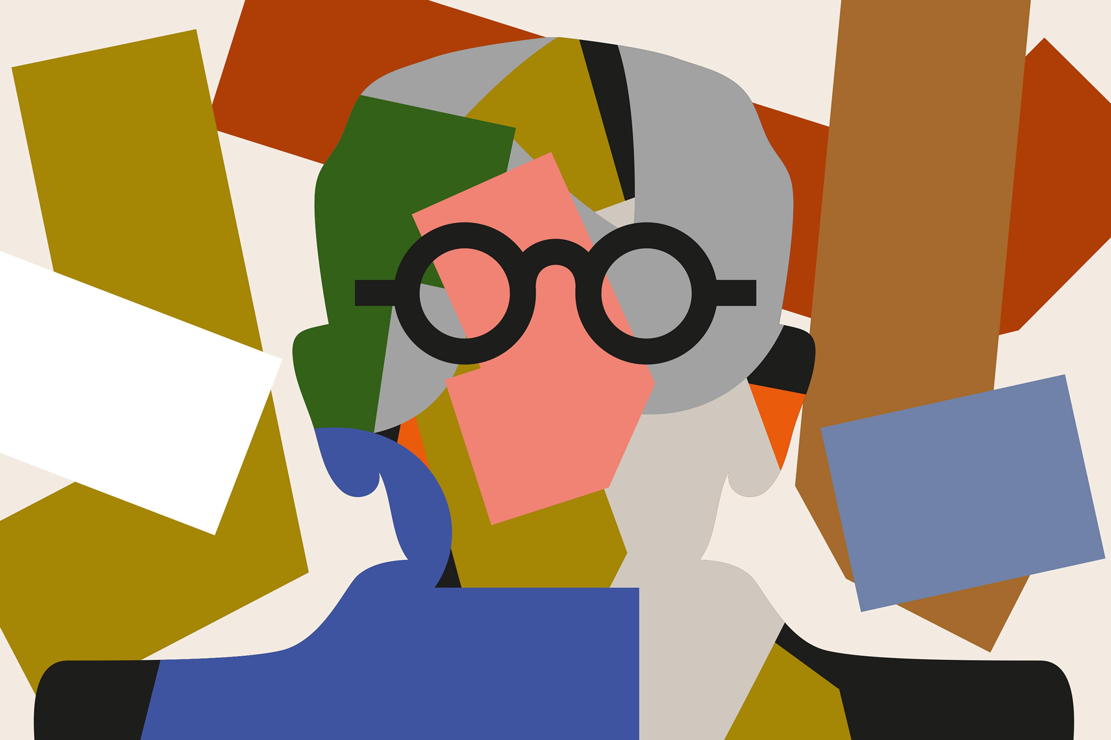 Abstract digital art with geometric shapes in various colours, forming the shape of a person’s head and shoulders, featuring black glasses in the centre.