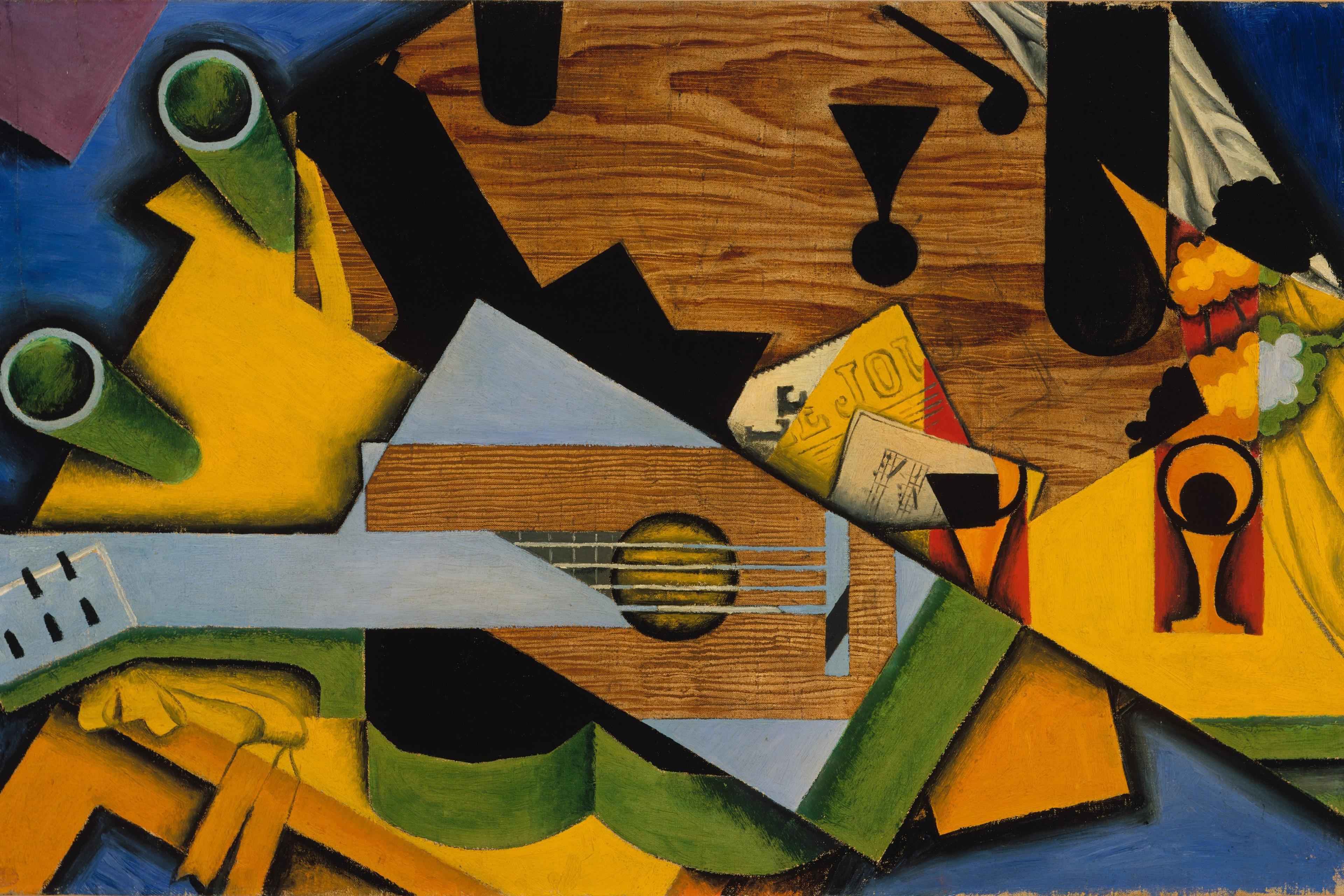 Abstract painting with a guitar and geometric shapes in vibrant colours including yellow, green and blue.