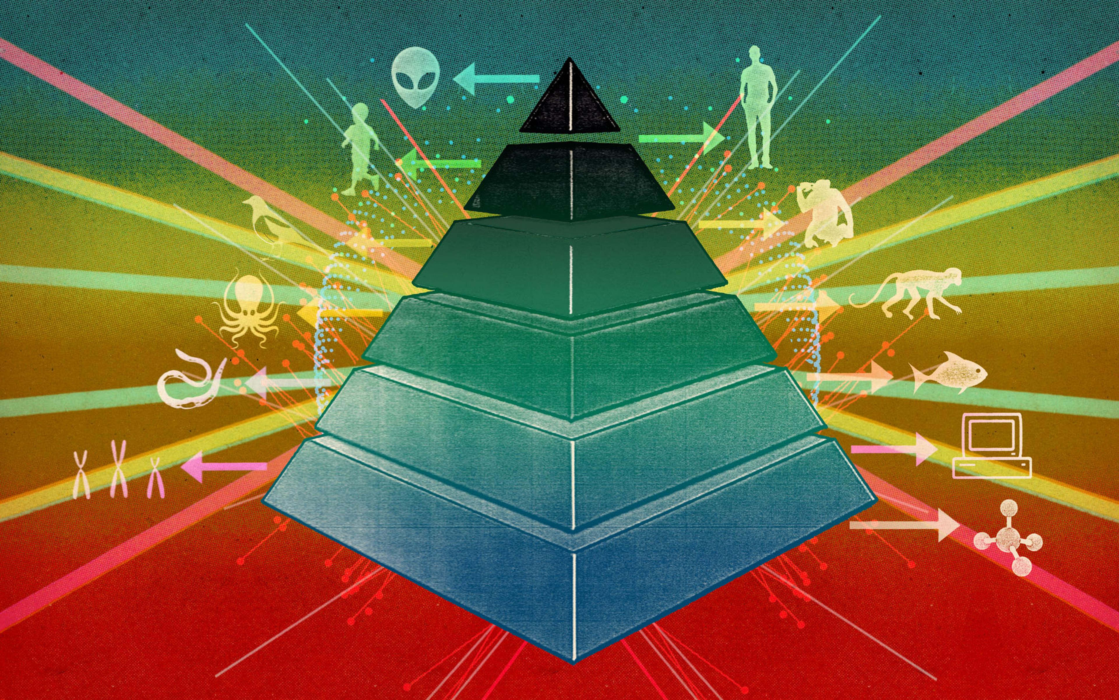 Abstract illustration featuring a layered pyramid with symbols of humans, animals, DNA, aliens and computers, with colourful beams.