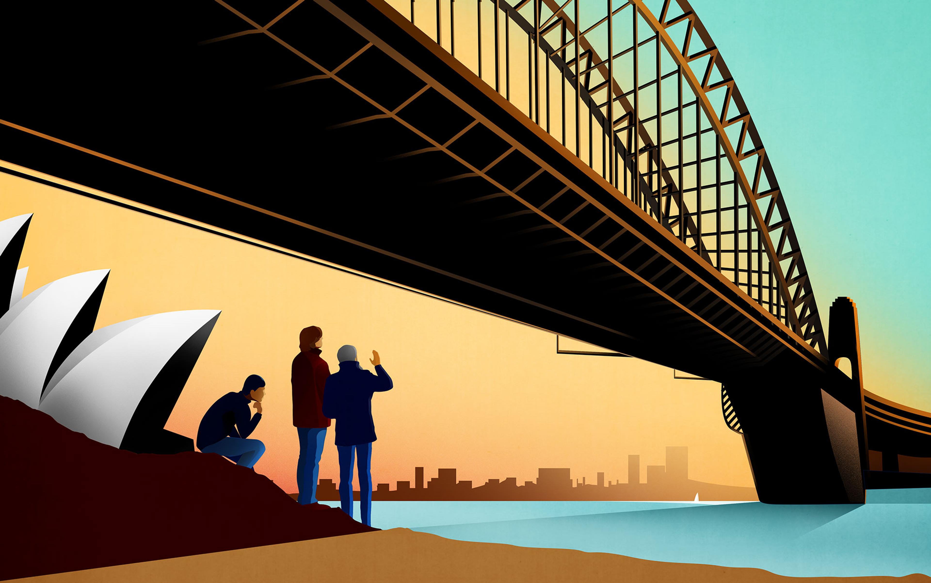 Illustration of three people near the Sydney Opera House and Sydney Harbour Bridge at sunset with a city skyline in the distance.