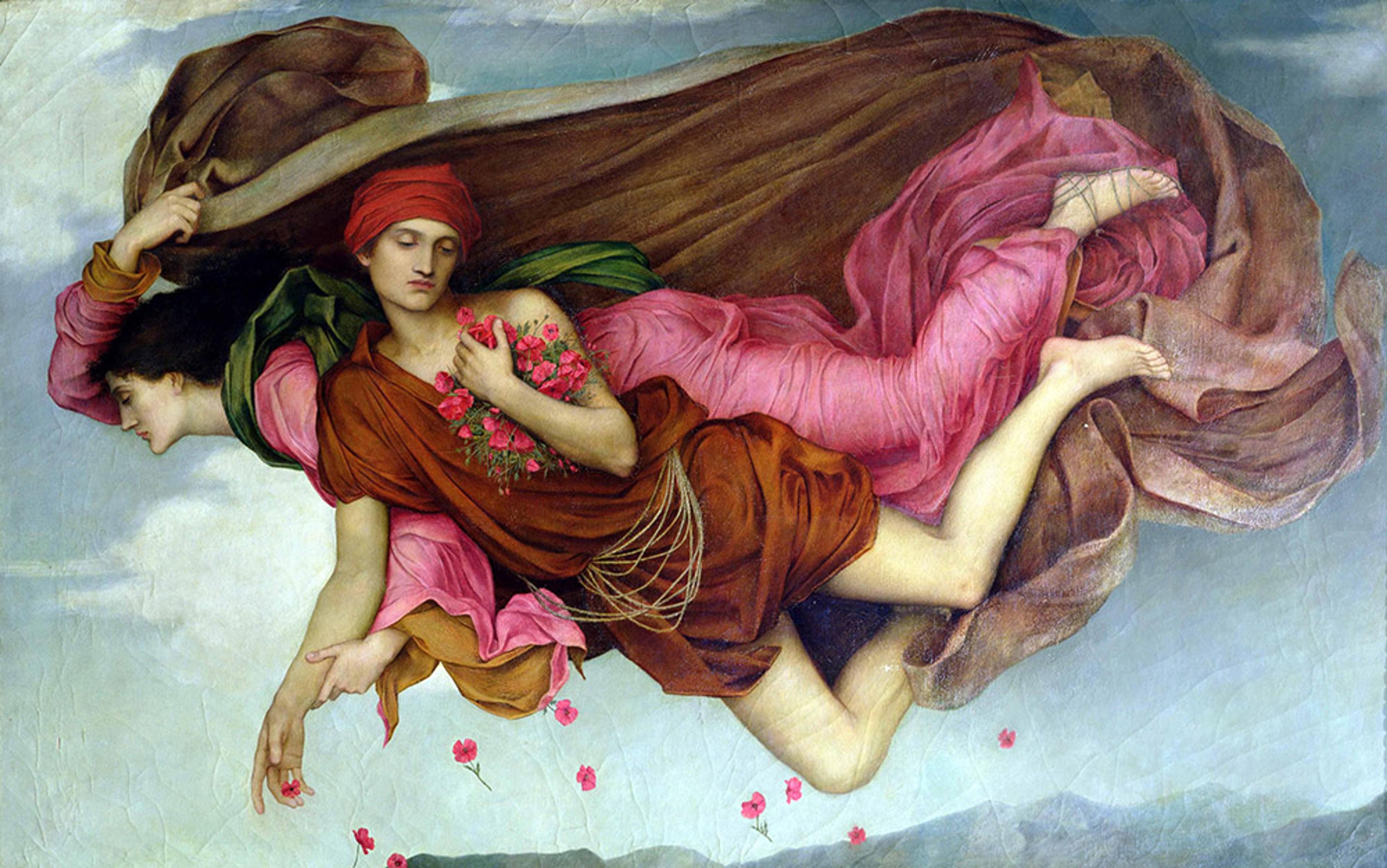 A painting of two women drifting in mid-air with flowing garments, one holding flowers. The sky serves as the background.