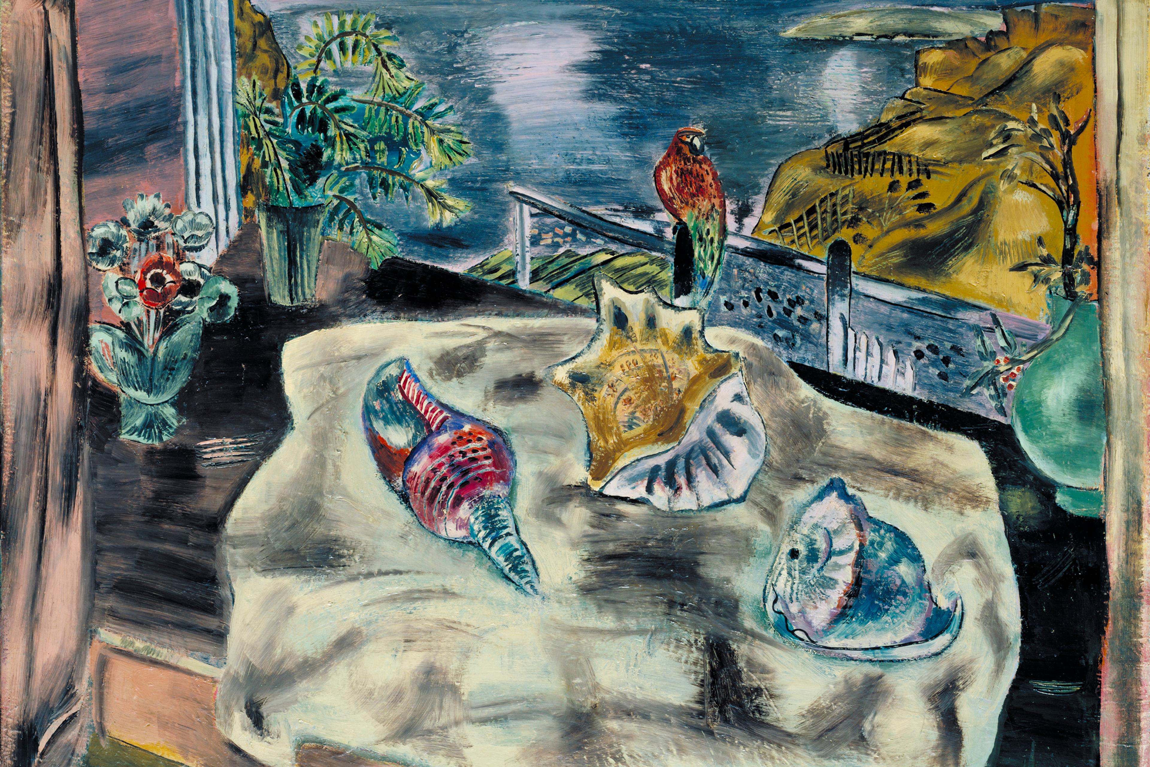 Painting of shells on a table with a floral vase a potted plant and a bird on a balcony overlooking water and cliffs.