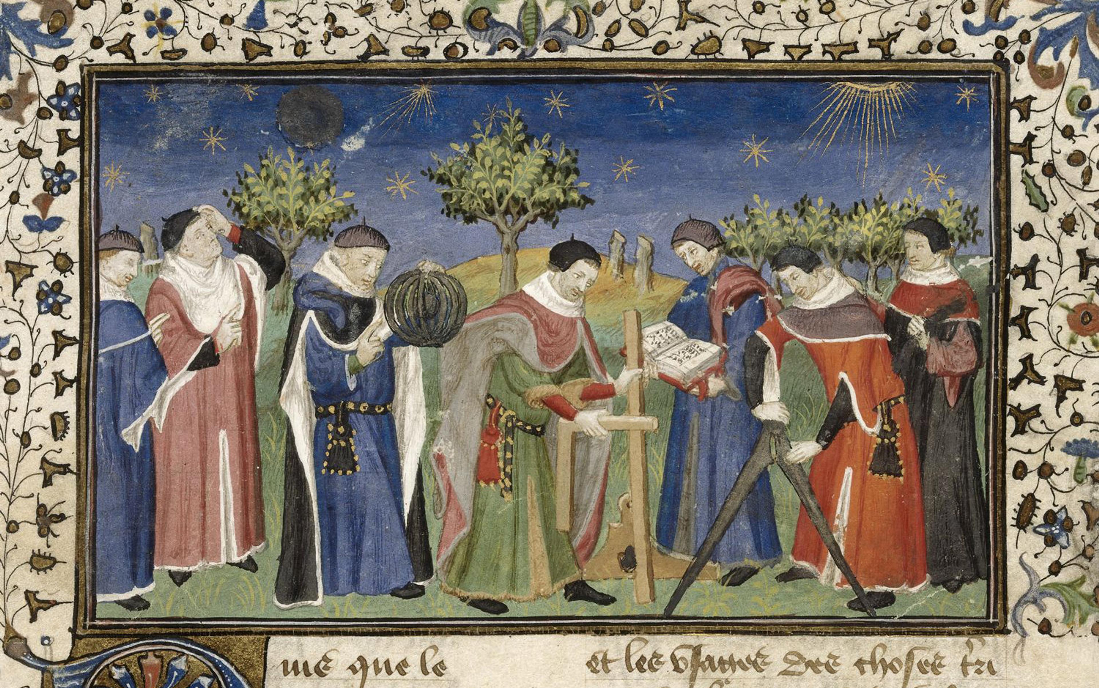 Medieval painting of seven scholars studying the sky with astronomical instruments surrounded by trees and decorative floral borders.