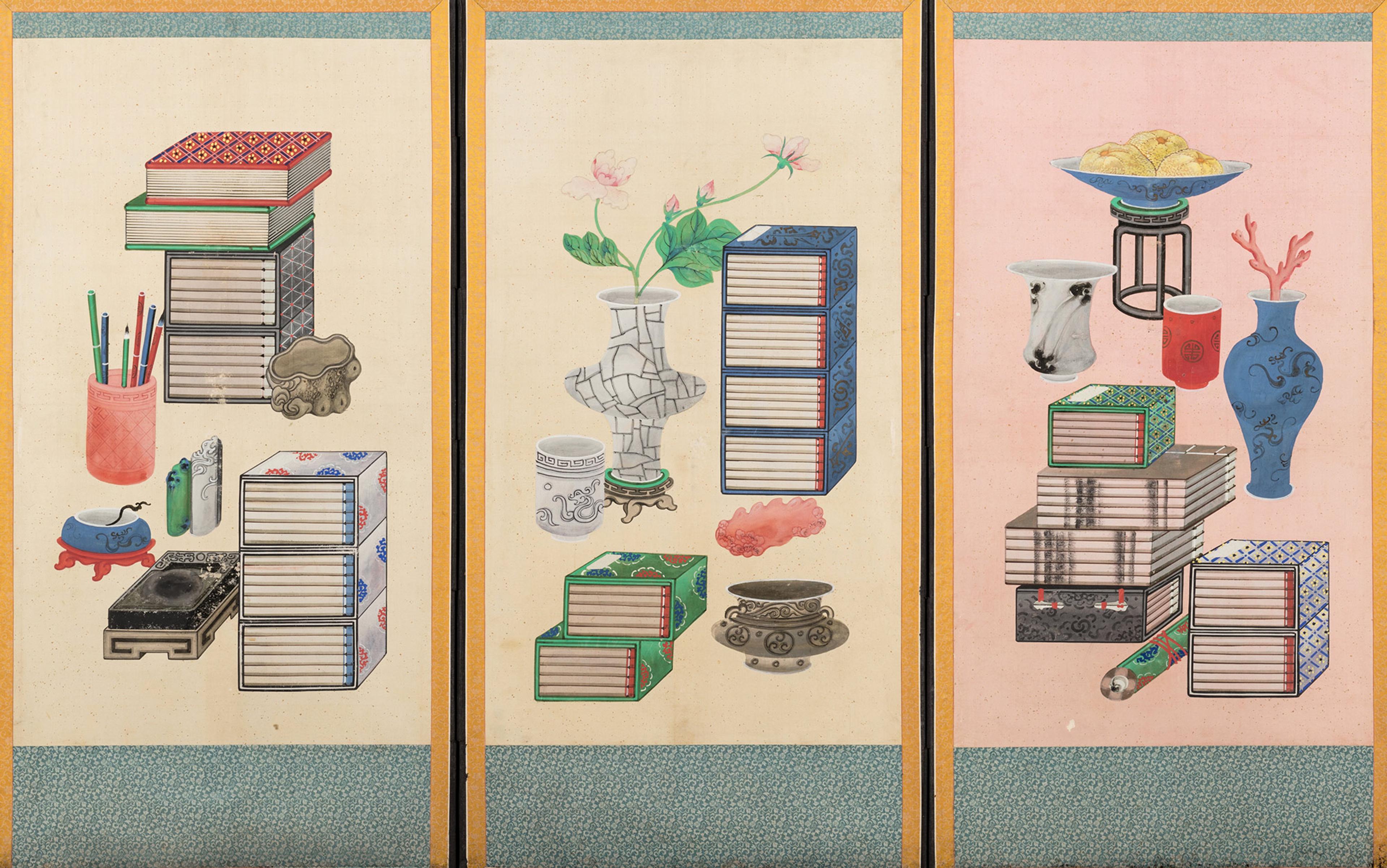 A triptych with books, vases, and writing utensils. From left to right: stacks of books, vases with flowers, and various containers on decorated backgrounds.