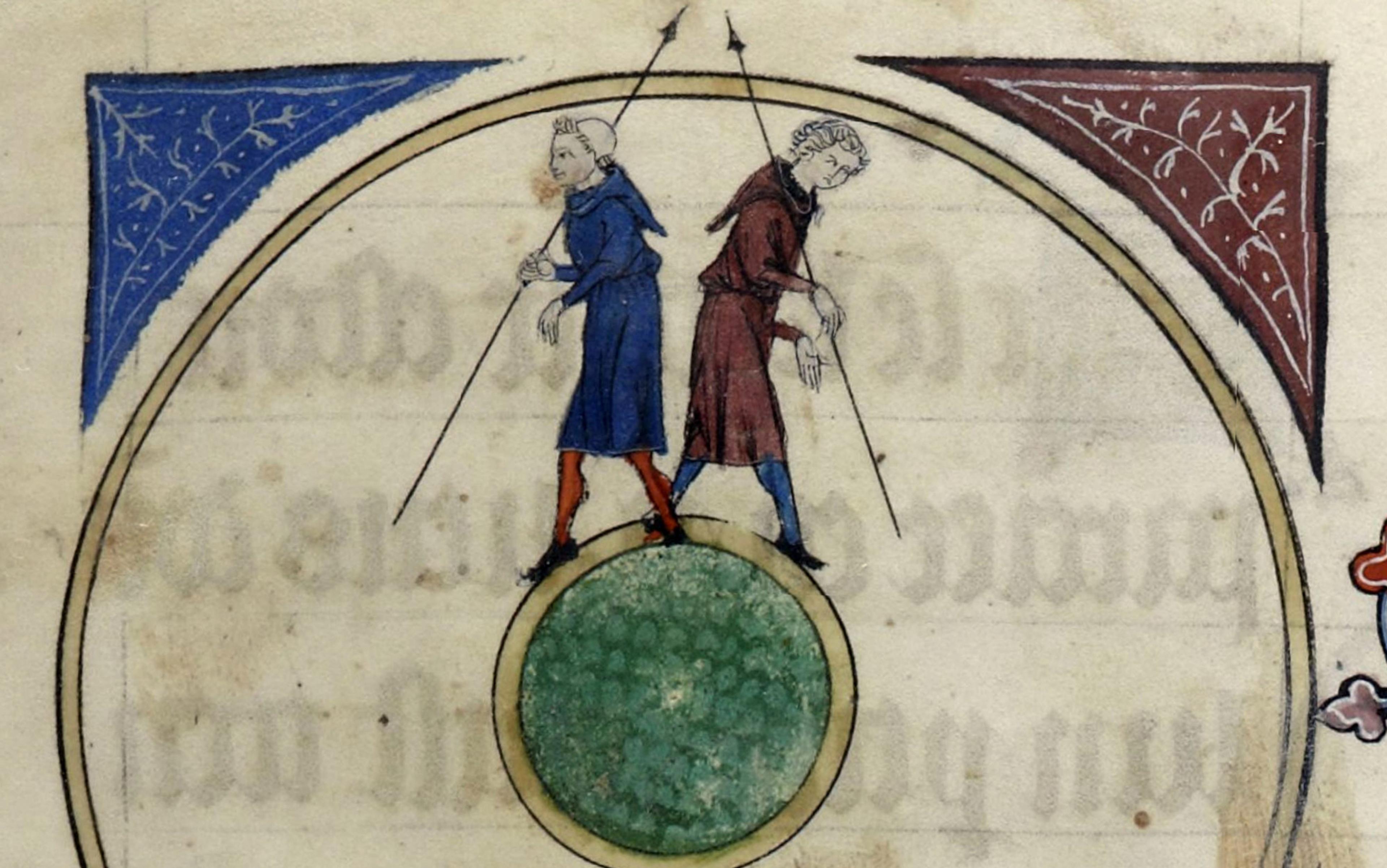 Medieval illustration of two figures walking with staffs, dressed in blue and red robes, standing within a circle, with decorative blue and red corners.