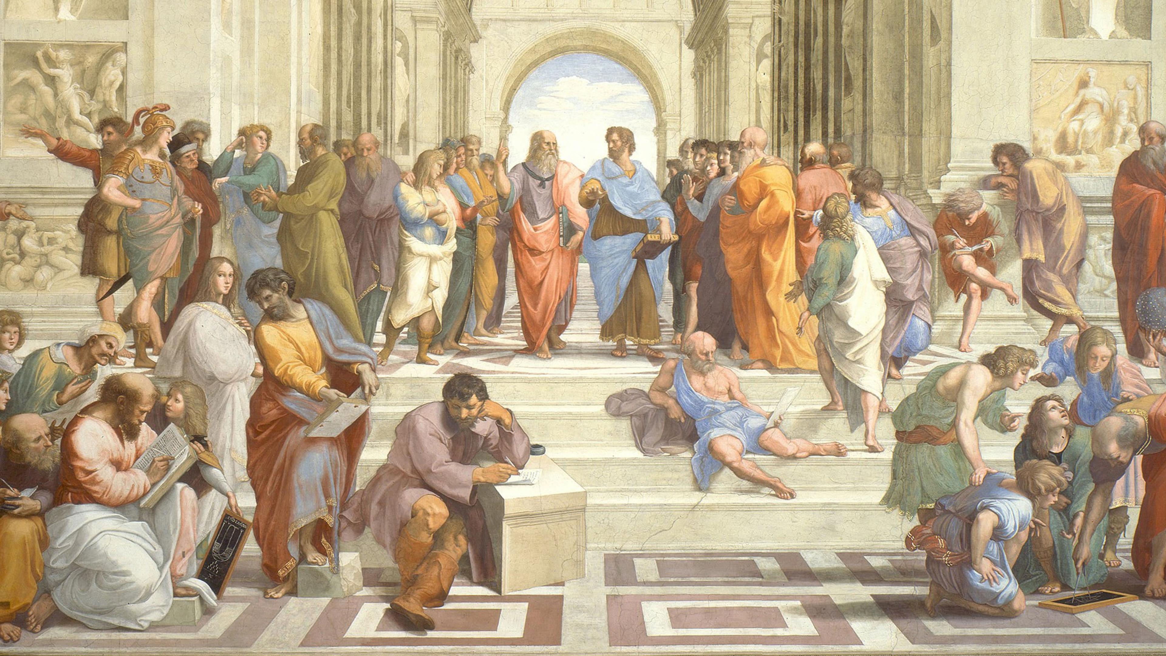 Painting of philosophers gathered in a grand classical building, featuring figures in colourful robes with an archway framing the sky in the background.