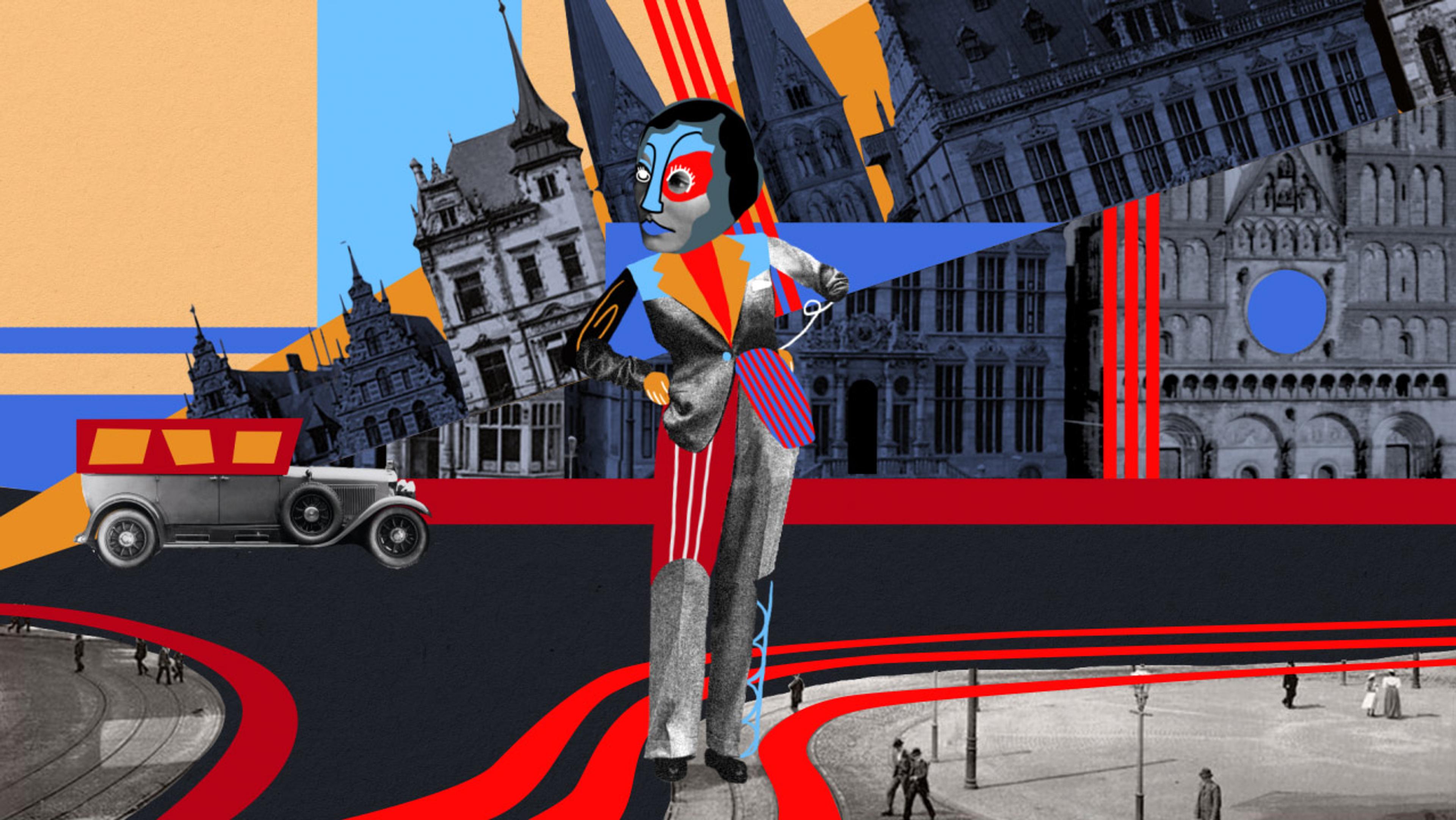Collage artwork combining a colourful costumed figure, vintage car, and distorted buildings, against a backdrop of geometric shapes.