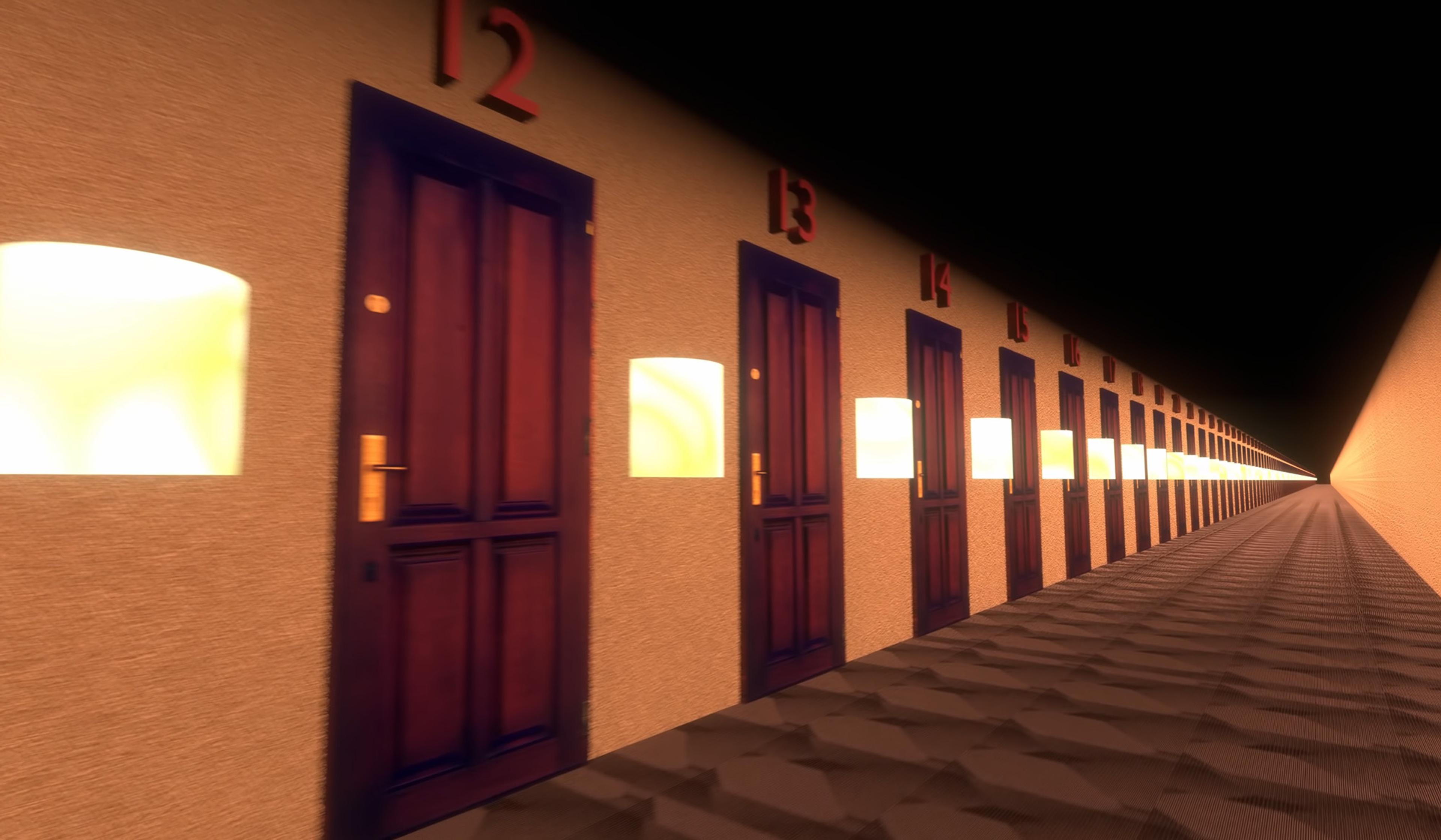 A corridor with numbered wooden doors and illuminated wall lights stretching into the distance.