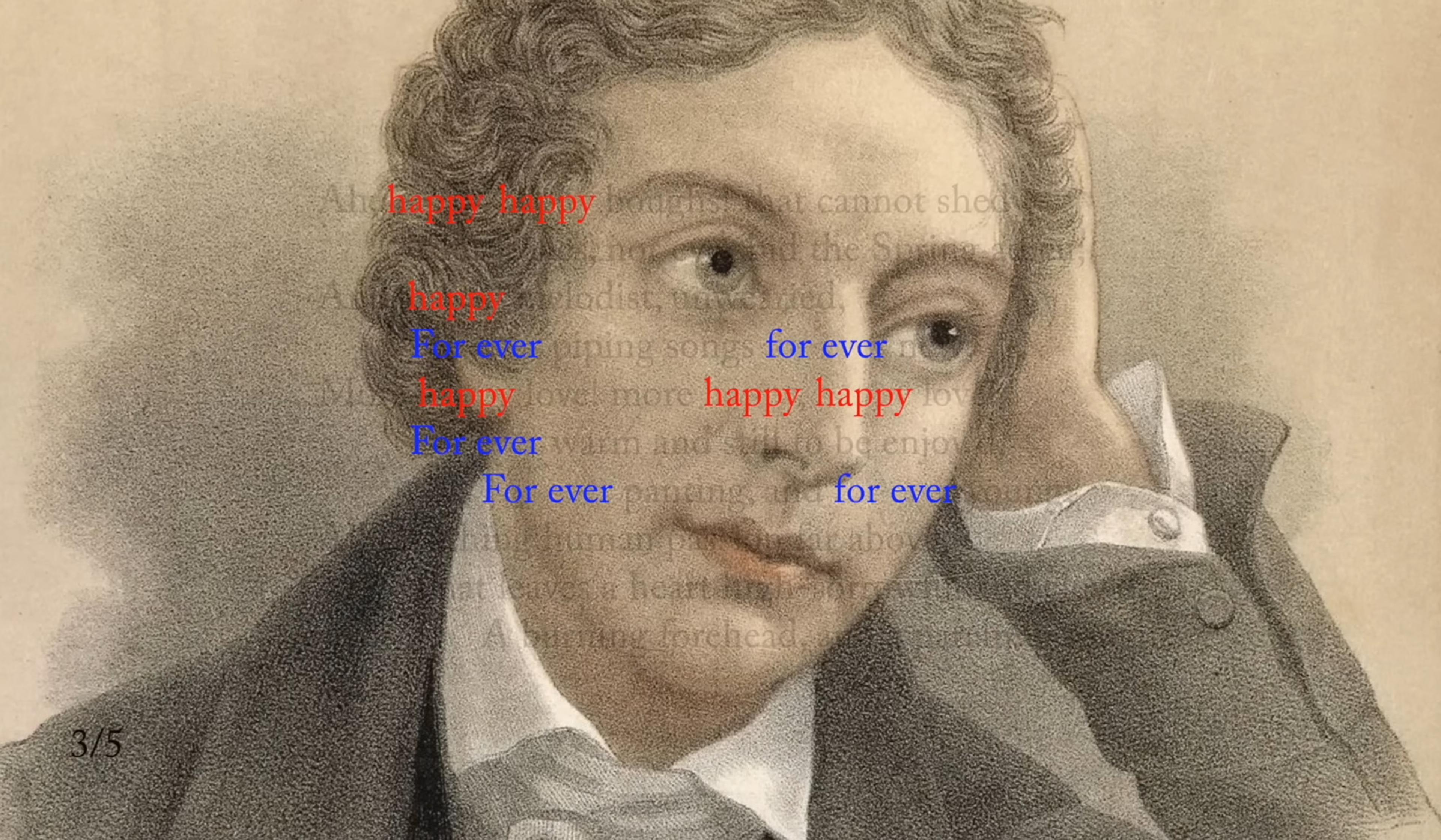 A sepia sketch of a pensive person with the words “happy” and “for ever” overlaid in red and blue text.