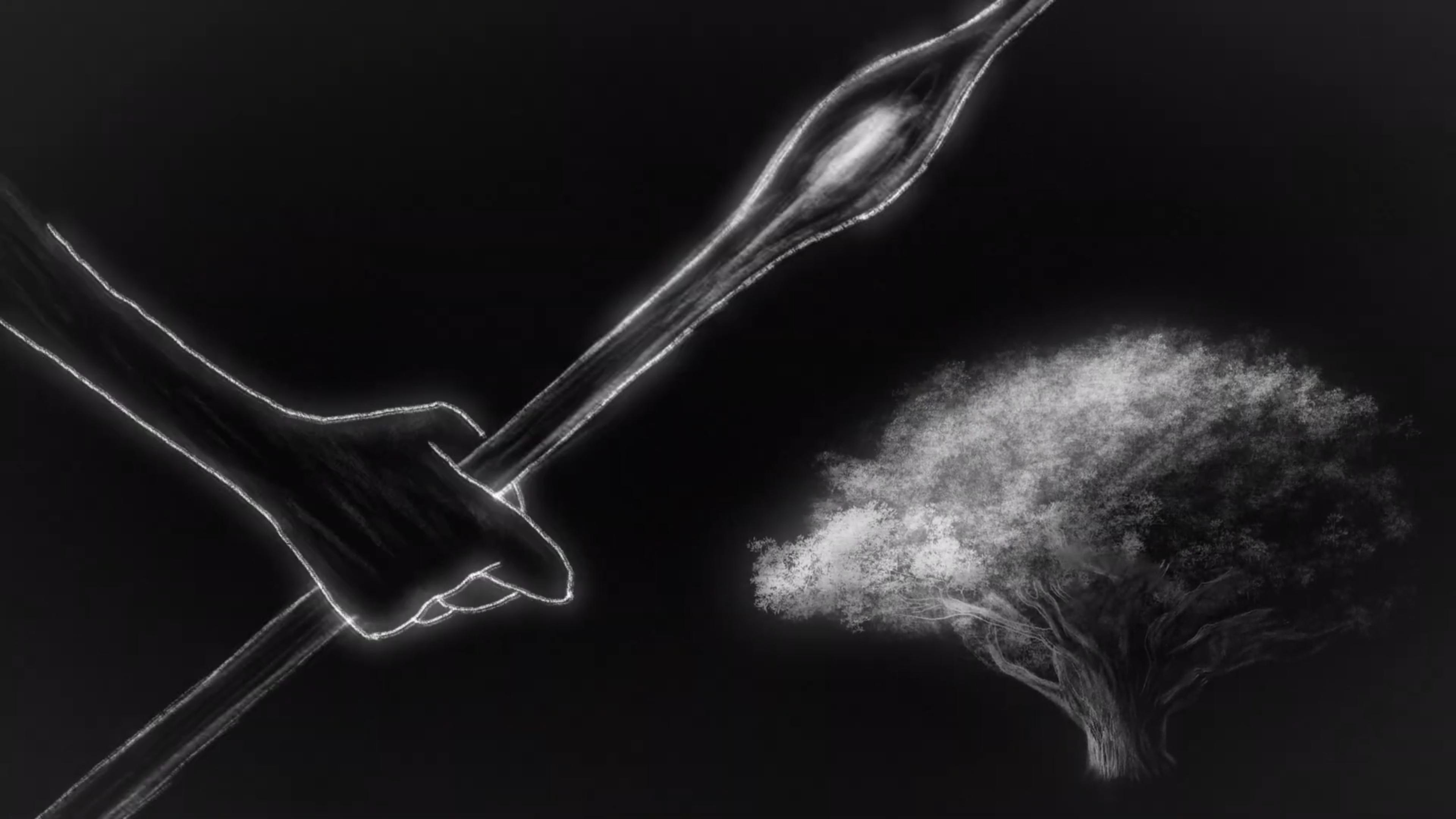 Black and white painting of a hand holding a spear aimed at a tree with glowing leaves against a dark background.