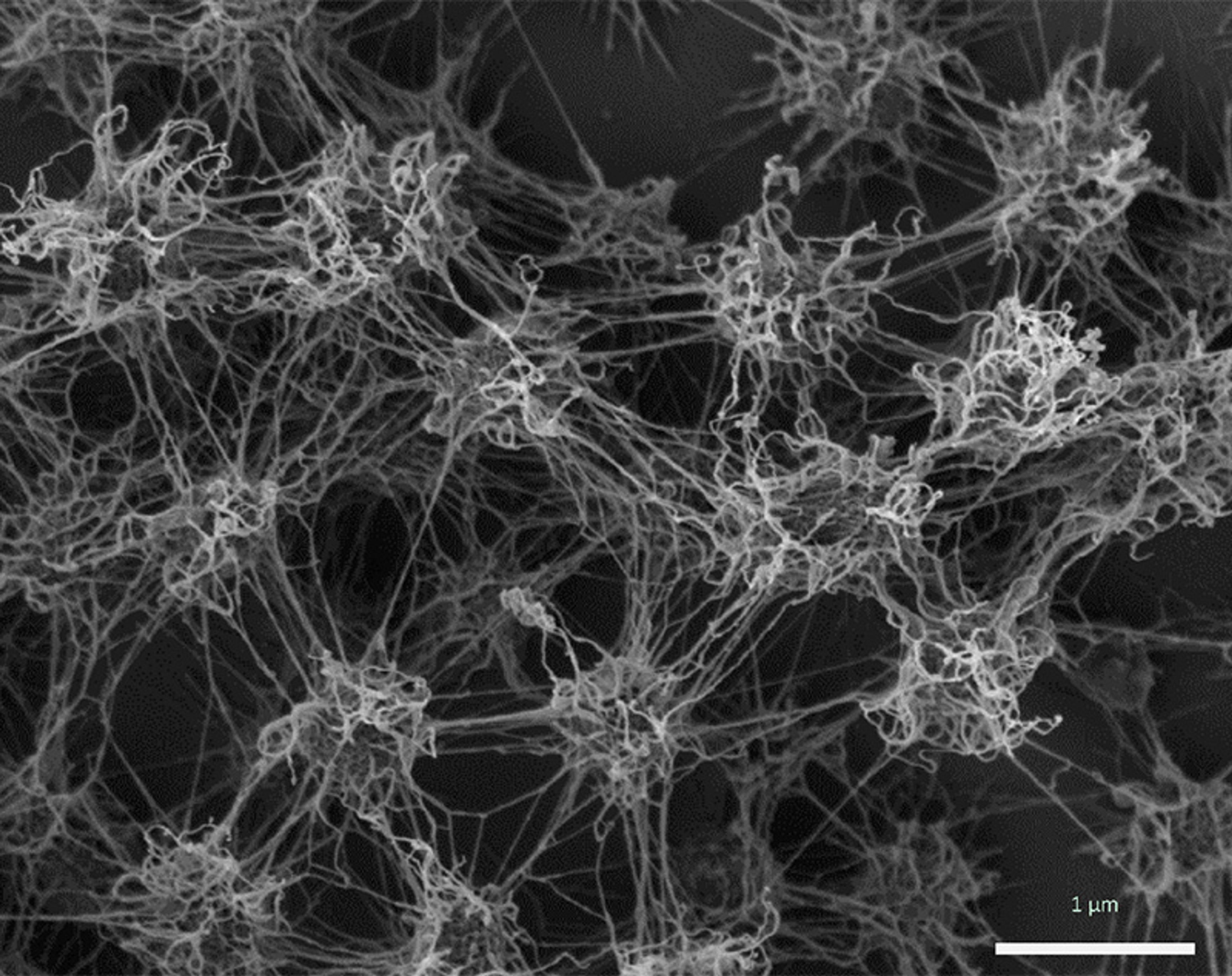 Close-up black and white image of tangled nanofibres viewed under a microscope.