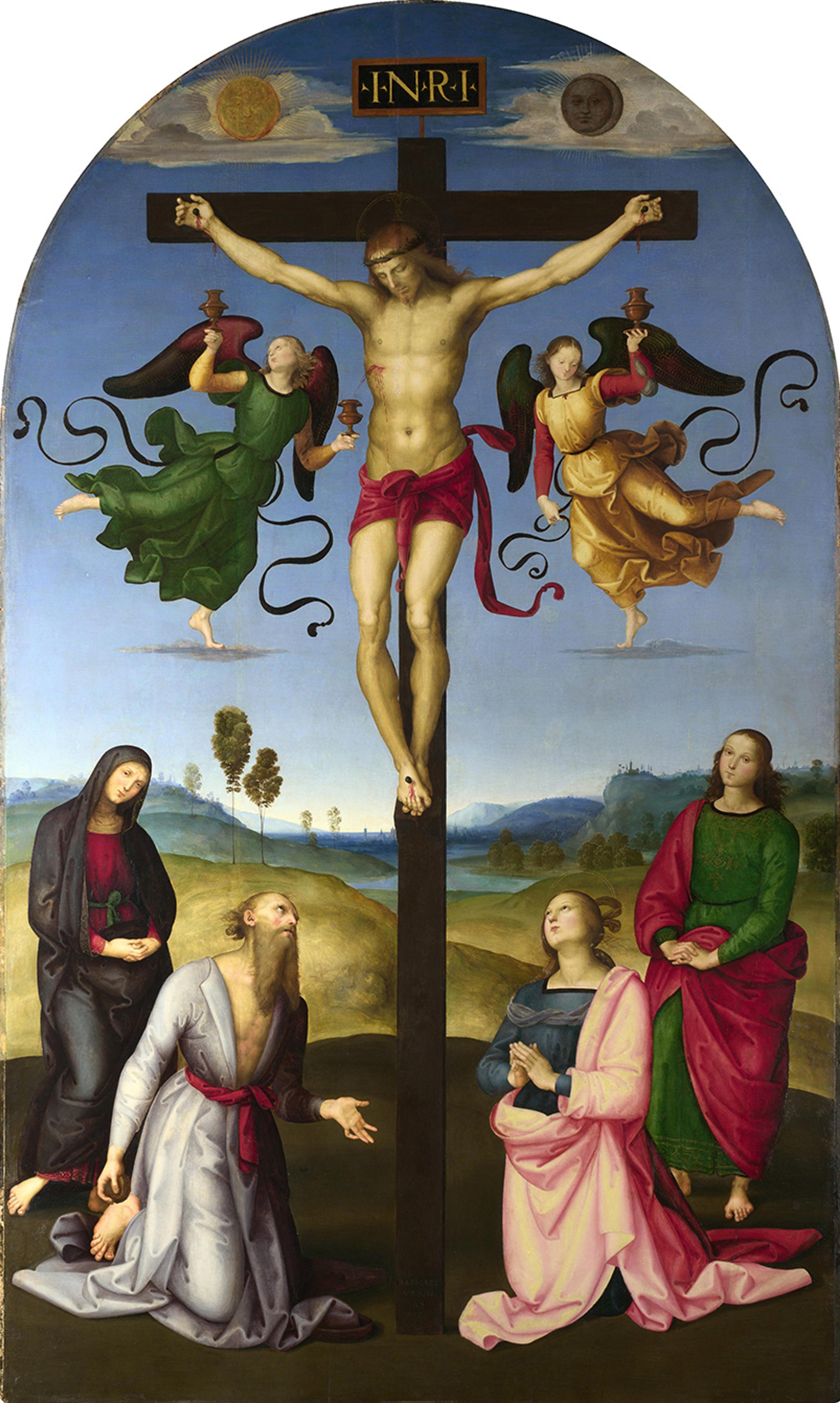 Painting of the crucifixion with angels and mourners at Jesus’s feet against a landscape background.