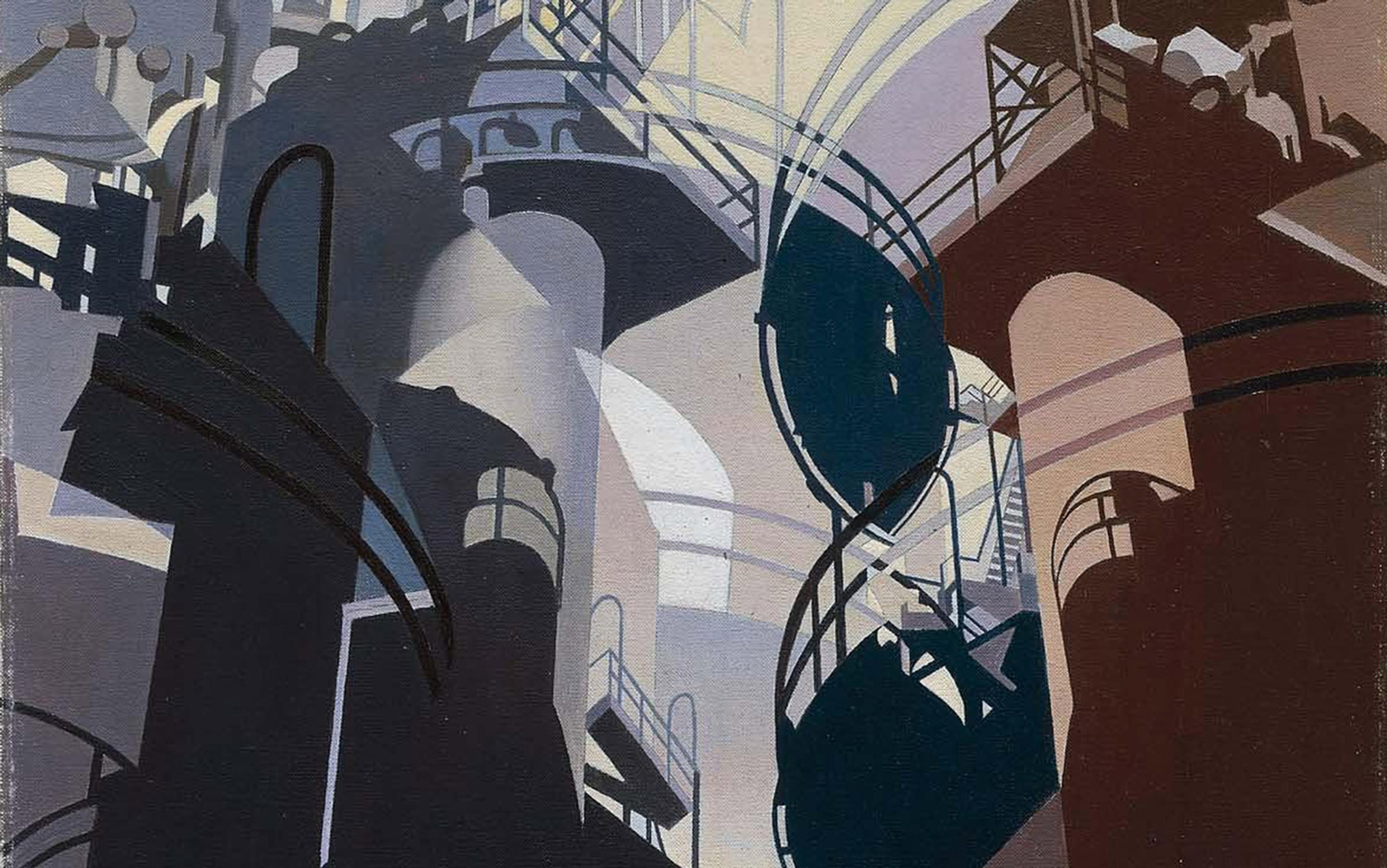 Abstract painting of industrial structures with curved shapes in shades of blue, grey and brown, depicting pipes, tanks and ladders.