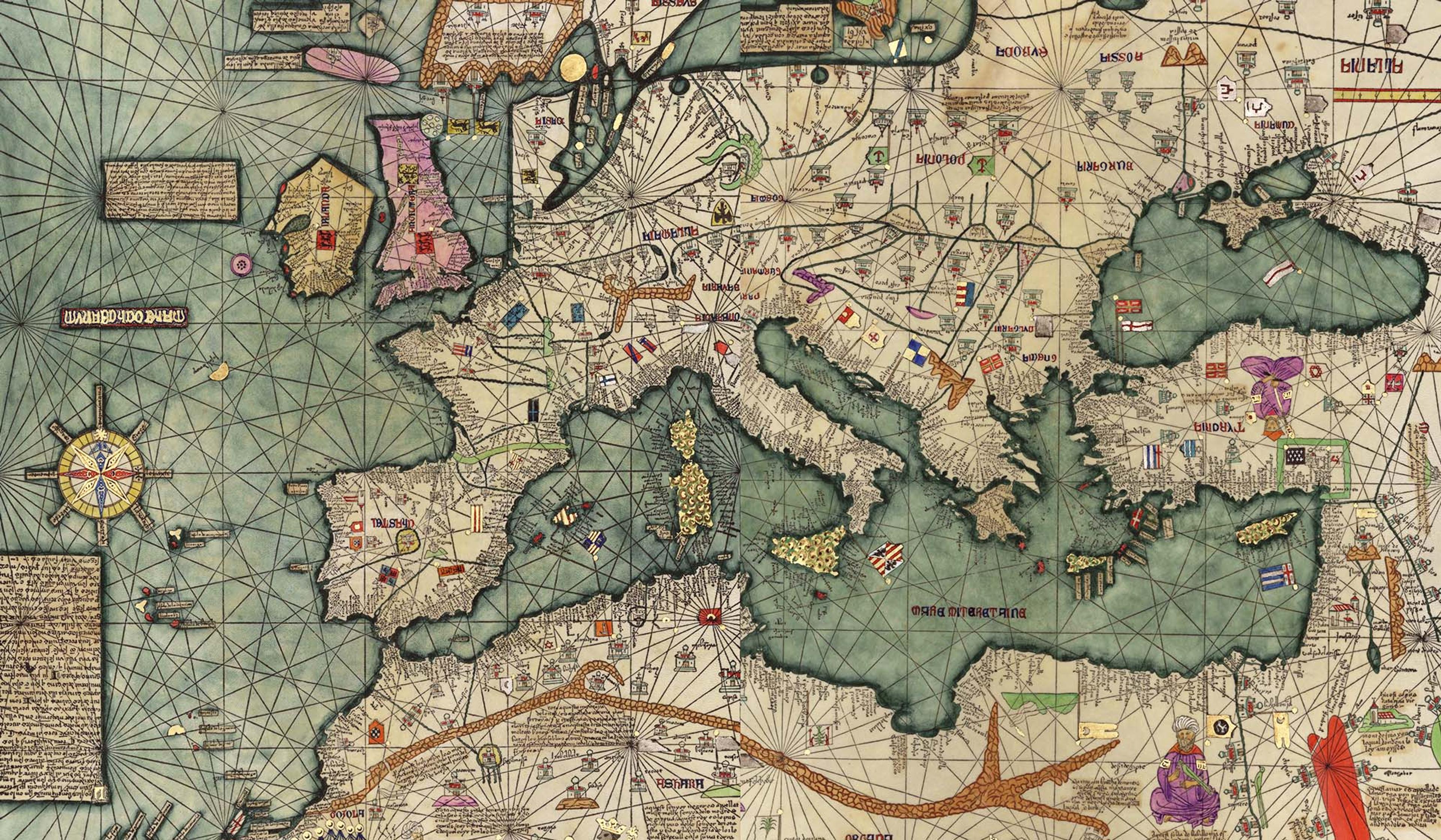 Antique map of Europe and the Mediterranean with detailed illustrations, nautical charts, and compass rose. Text and symbols are scattered throughout.