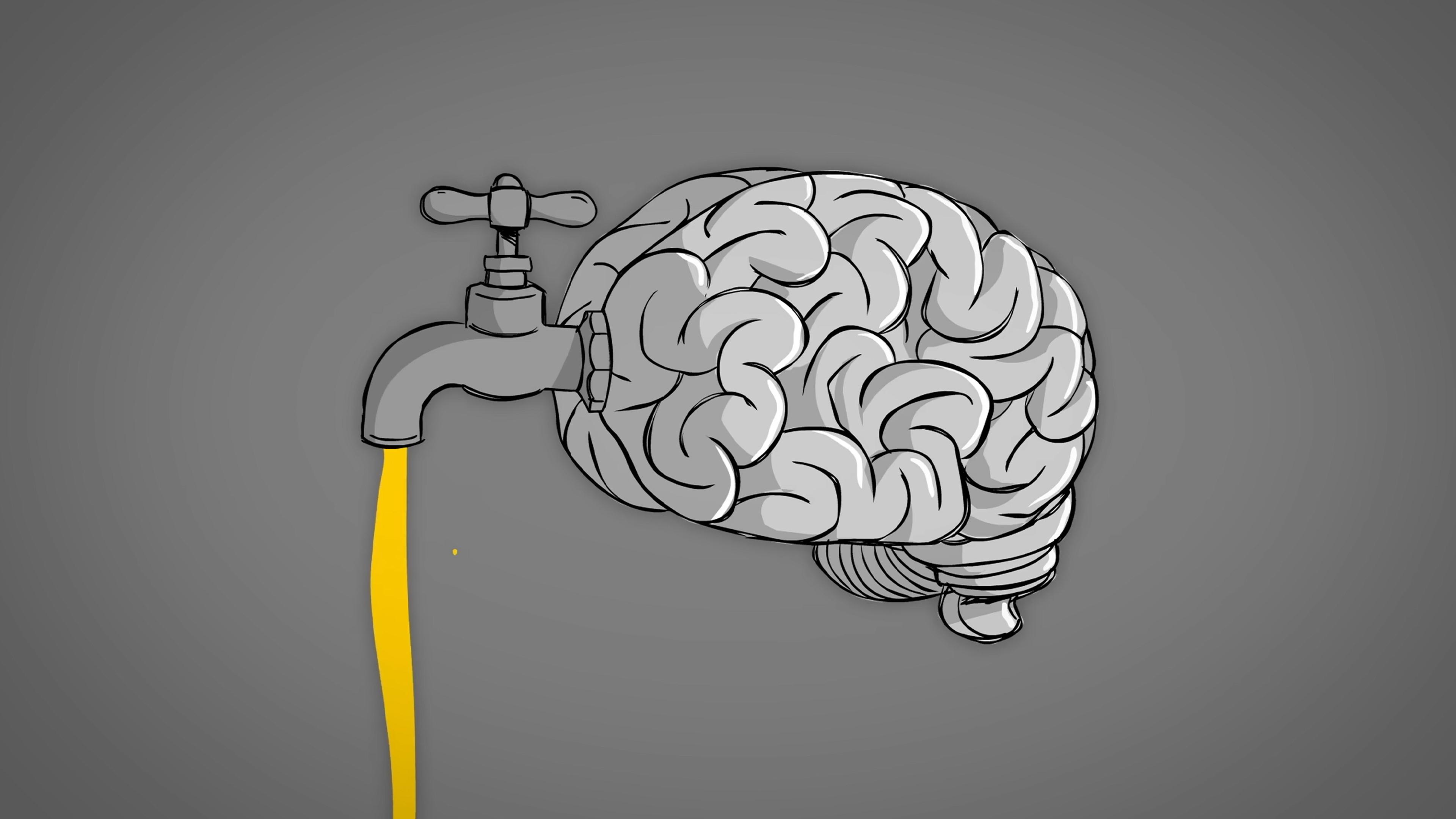 Illustration of a brain with a tap attached, with yellow liquid flowing out against a grey background.