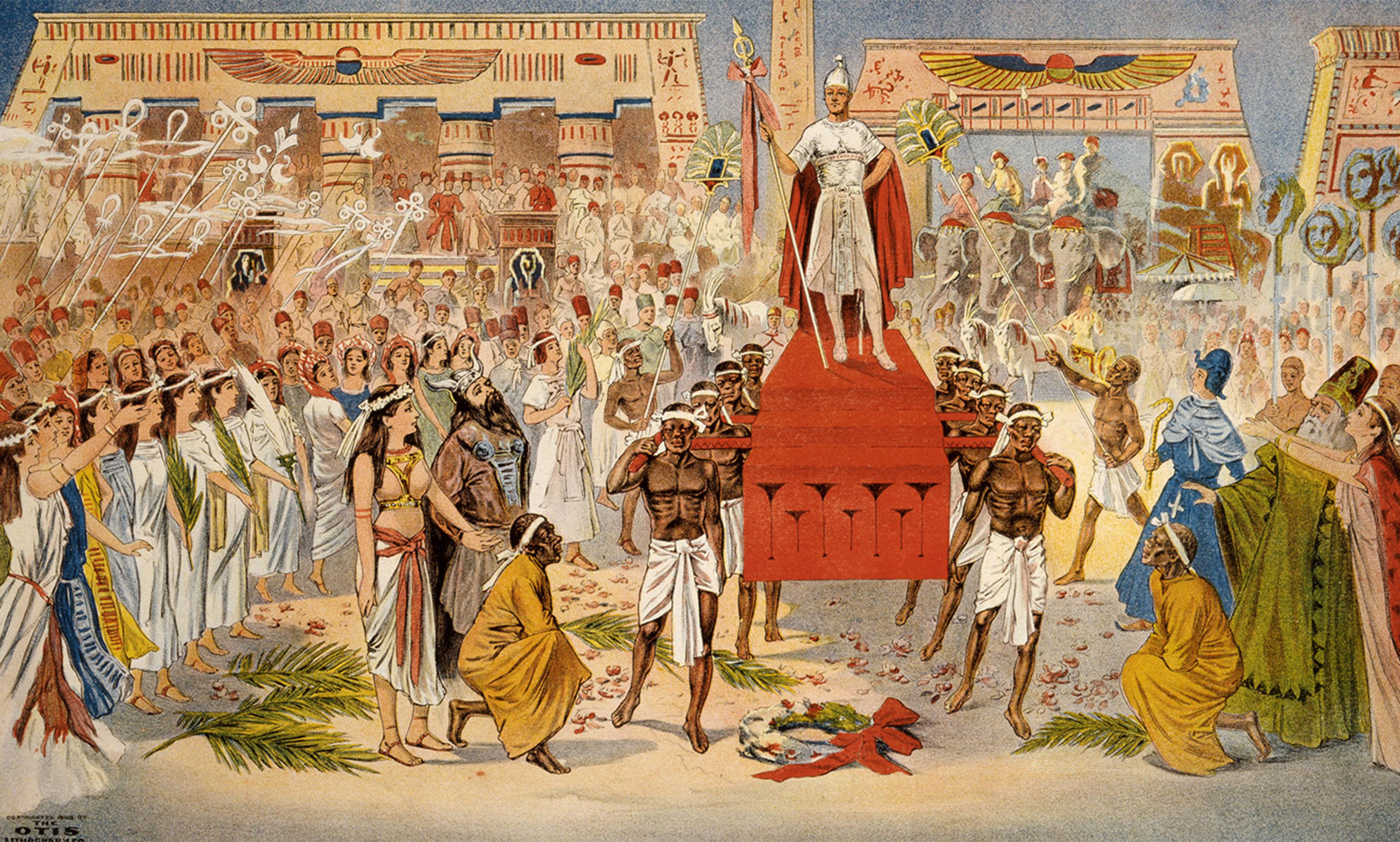 A historical painting depicting an ancient royal ceremony, with a central figure on a red platform surrounded by crowds in traditional attire.
