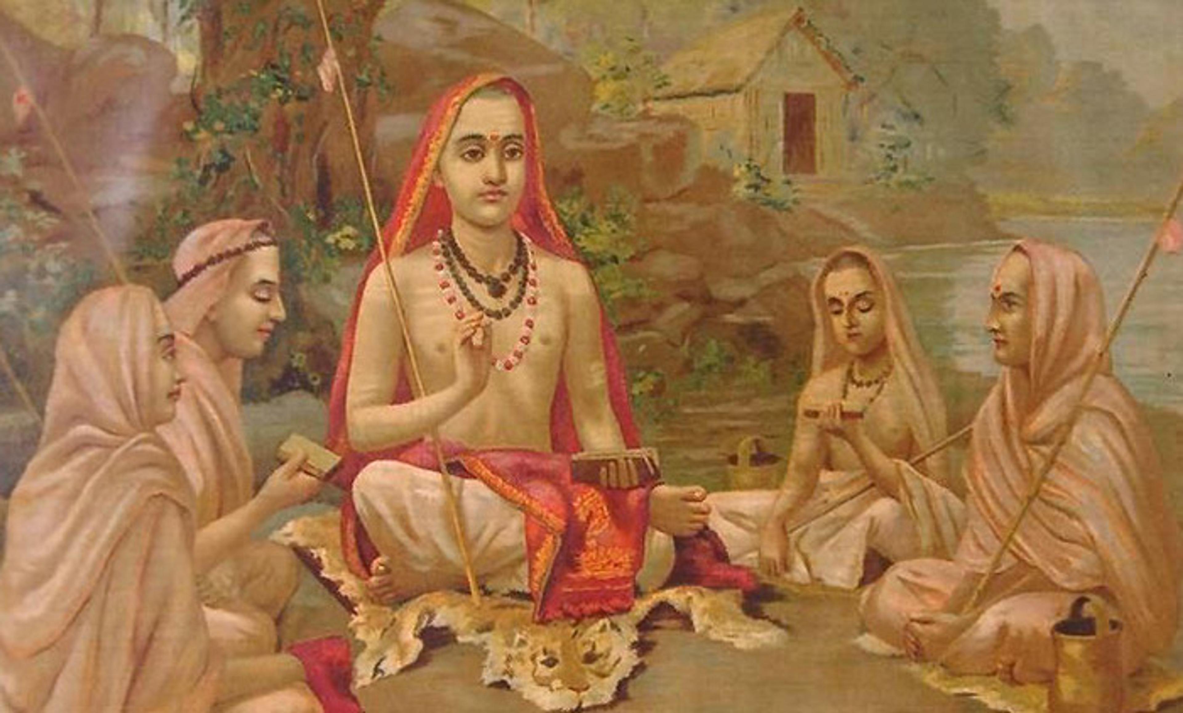 Painting of a seated person in traditional Indian attire surrounded by followers in robes, set in a nature backdrop with a small hut.