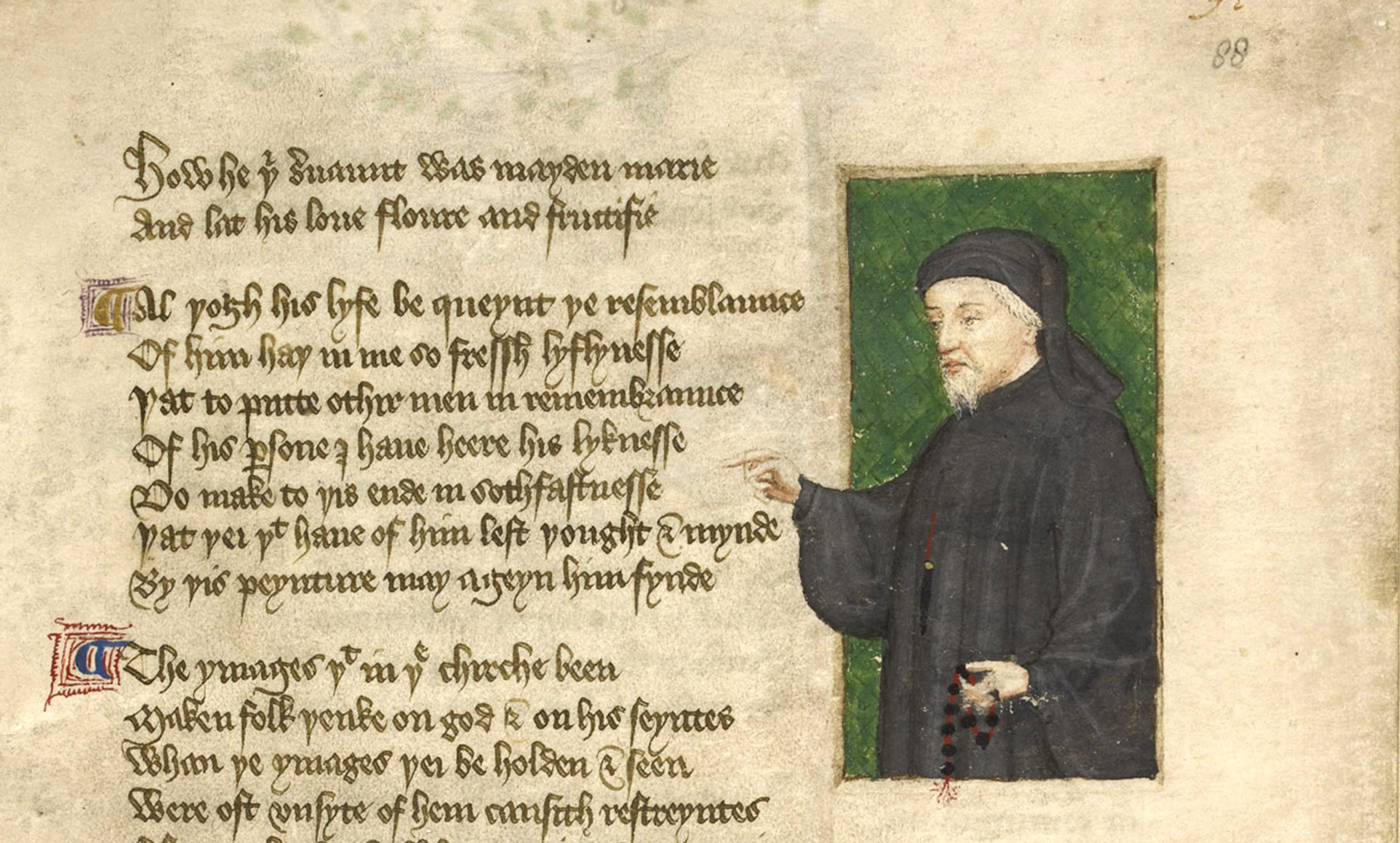 Medieval manuscript illustration featuring a man in a black robe and headdress pointing right with handwritten text on the left.