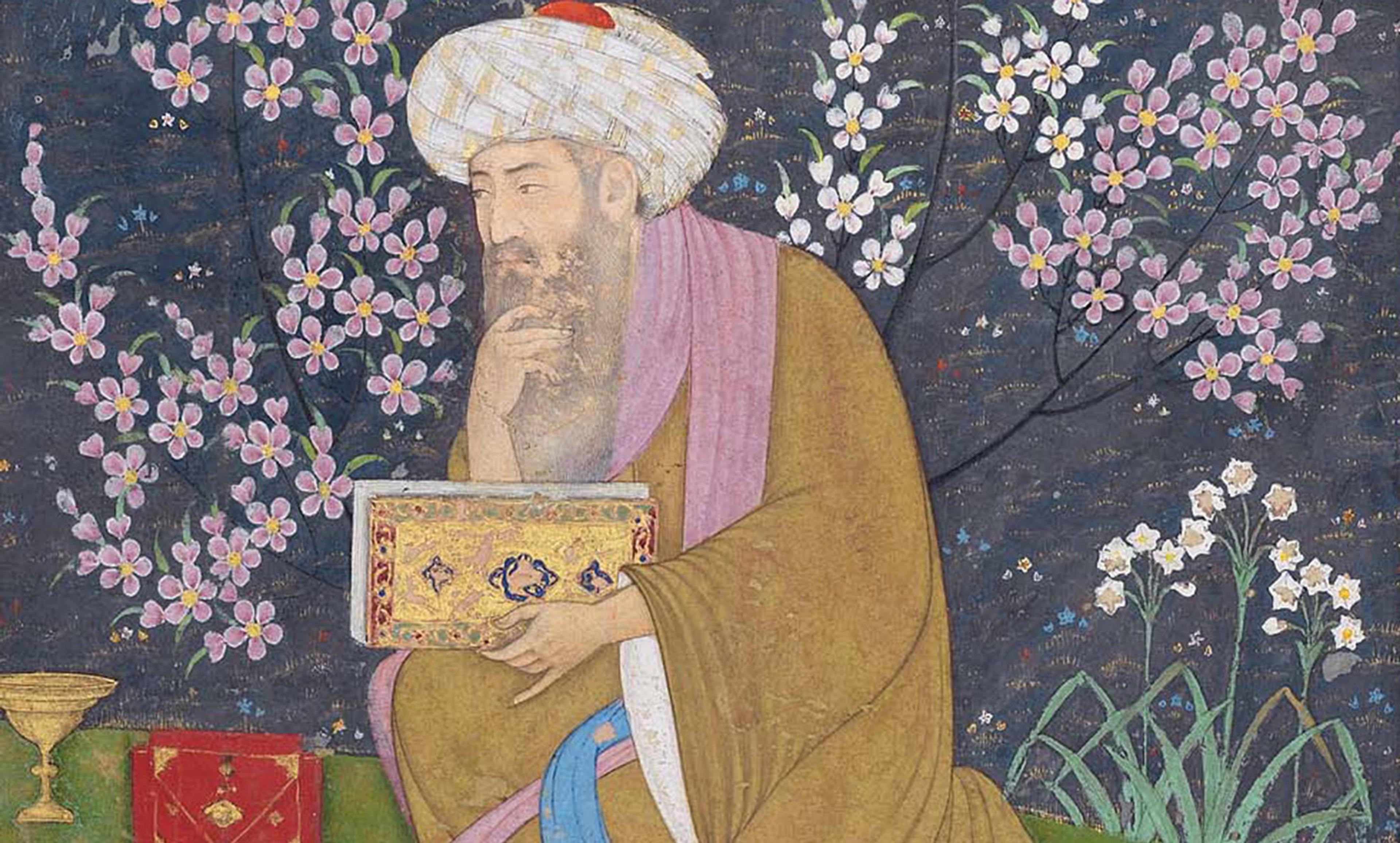 A painting of a bearded man in a turban holding a decorative box, sitting by flowering trees and plants with a goblet nearby.