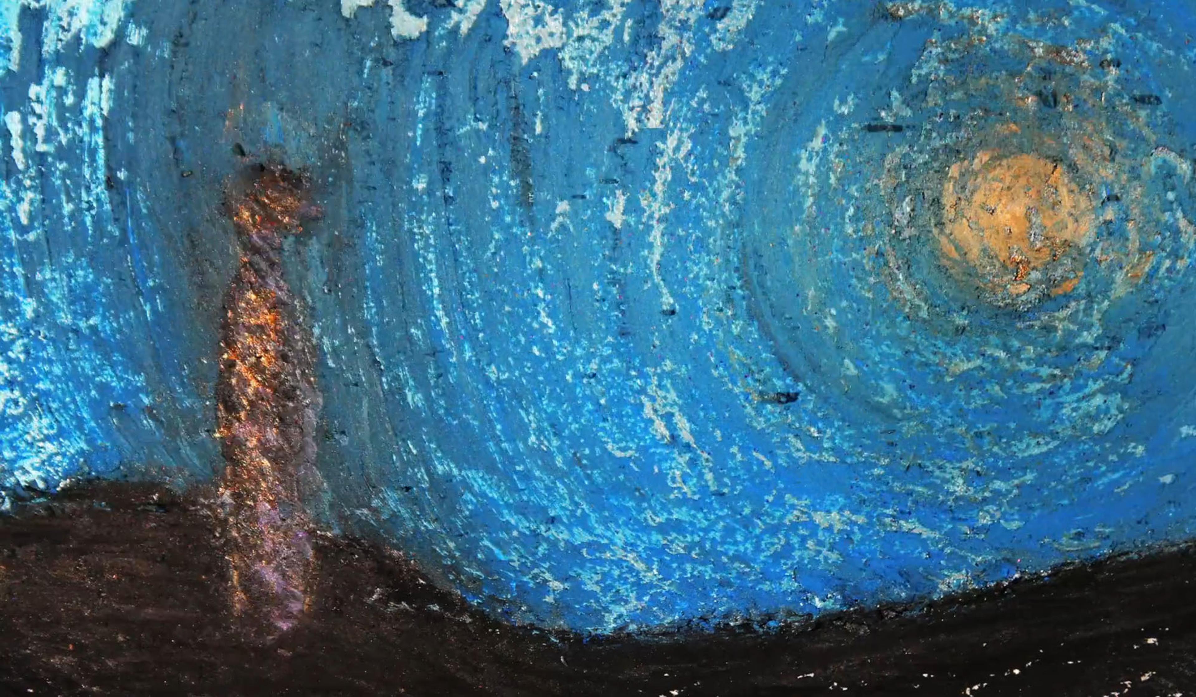Abstract painting with swirling blue tones and a bright yellow centre, resembling a starry night sky. A dark form lies to the left.