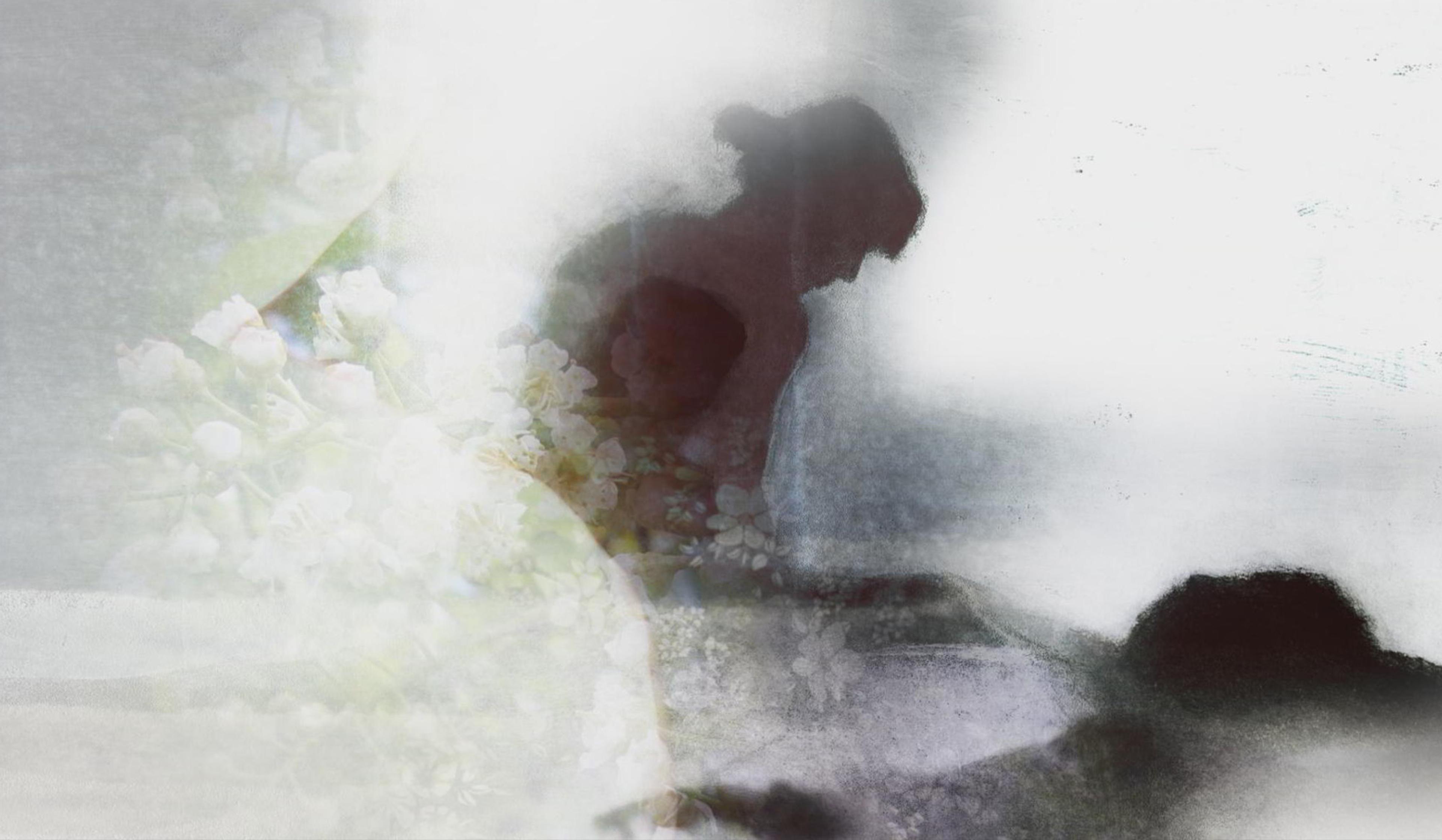 Abstract art with subtle silhouettes of a person and white flowers, blending into a misty, ethereal background.