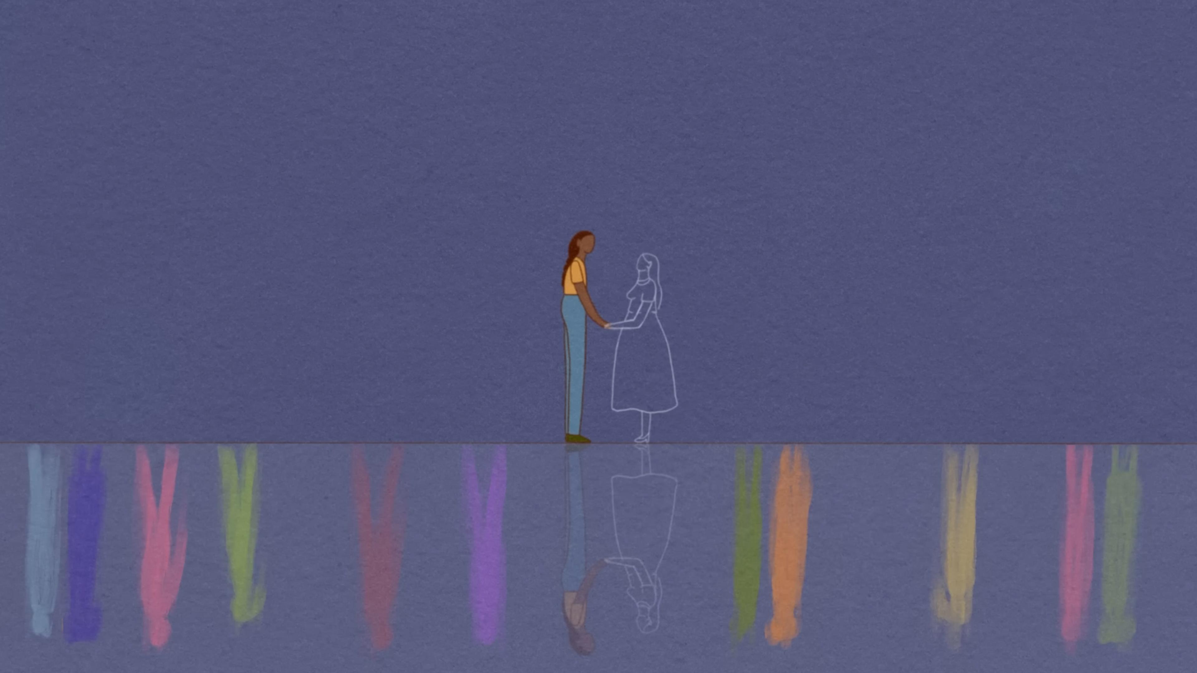 Illustration of two figures holding hands with colourful reflections on a blue surface.