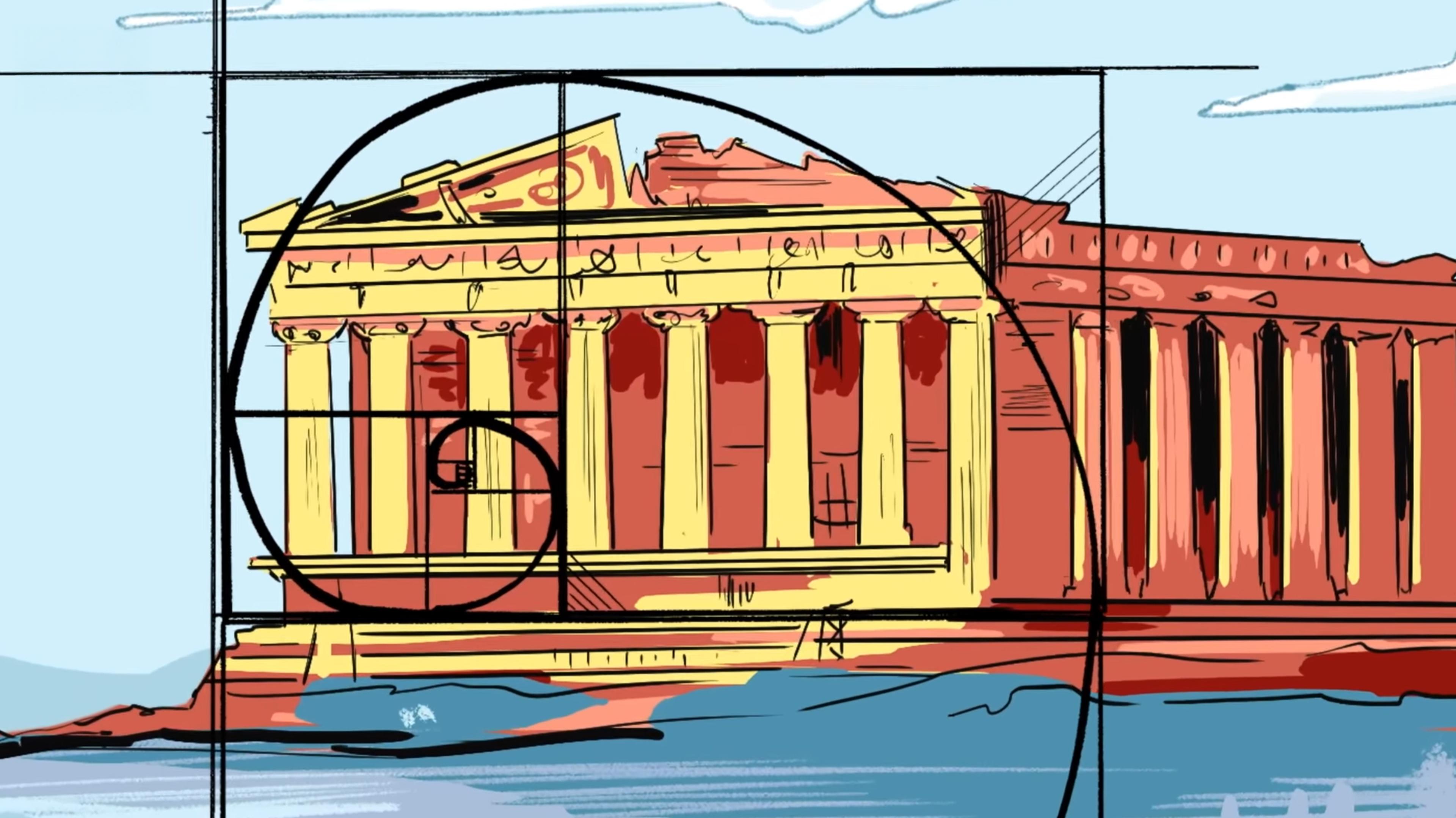 Illustration of an ancient Greek temple with the golden ratio spiral overlay, featuring bright colours and clear skies.