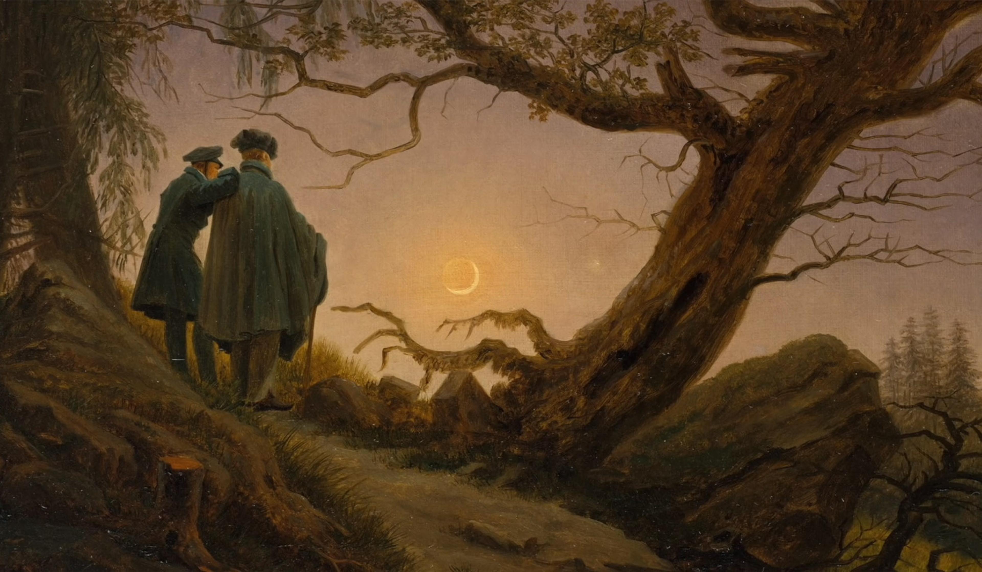 Painting of two men cloaked in dark coats gazing at a crescent moon, standing near a large gnarled tree in an eerie twilight landscape.