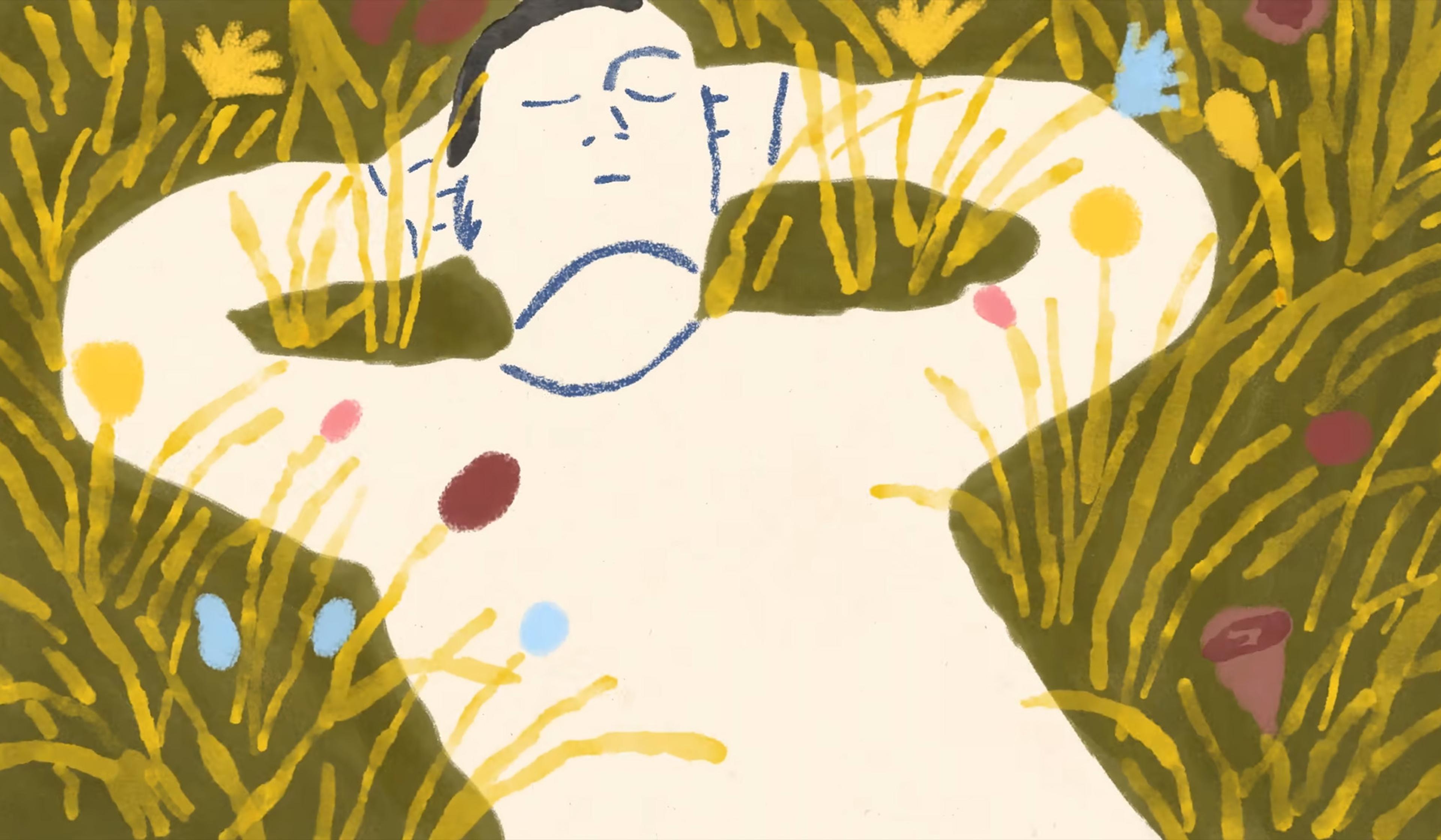 Abstract painting of a person lying down in a grassy field with flowers, arms behind their head, eyes closed in a relaxed pose.