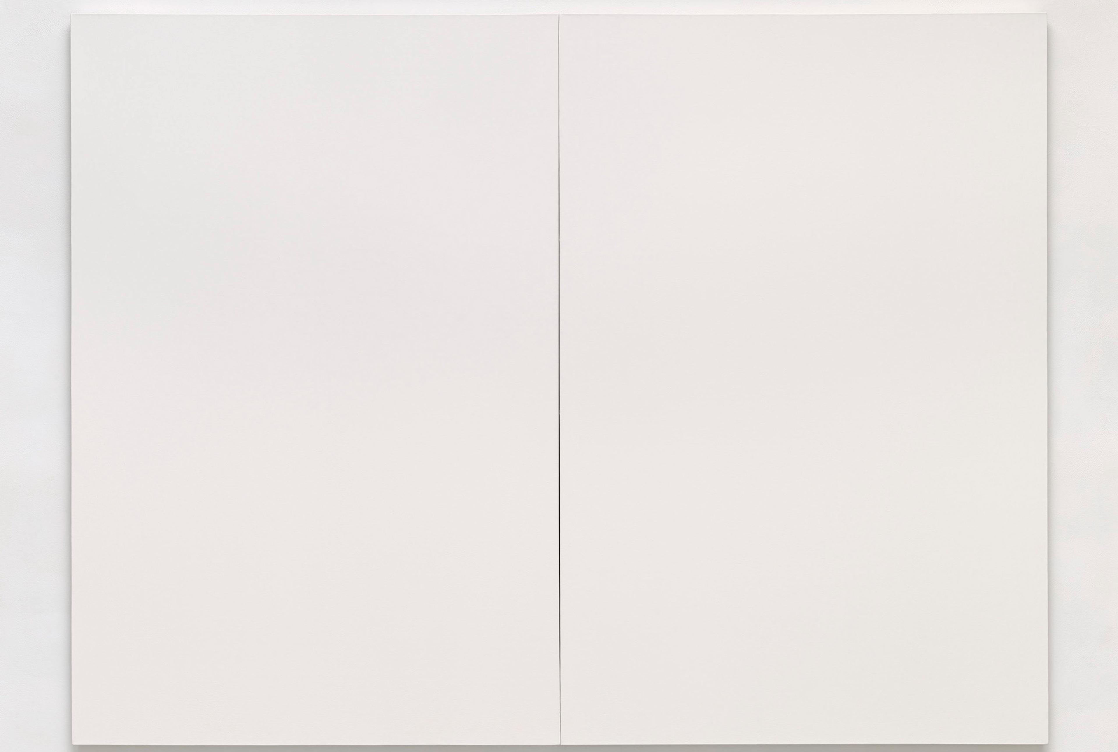 Abstract painting with two large, nearly identical white panels divided by a thin vertical line.