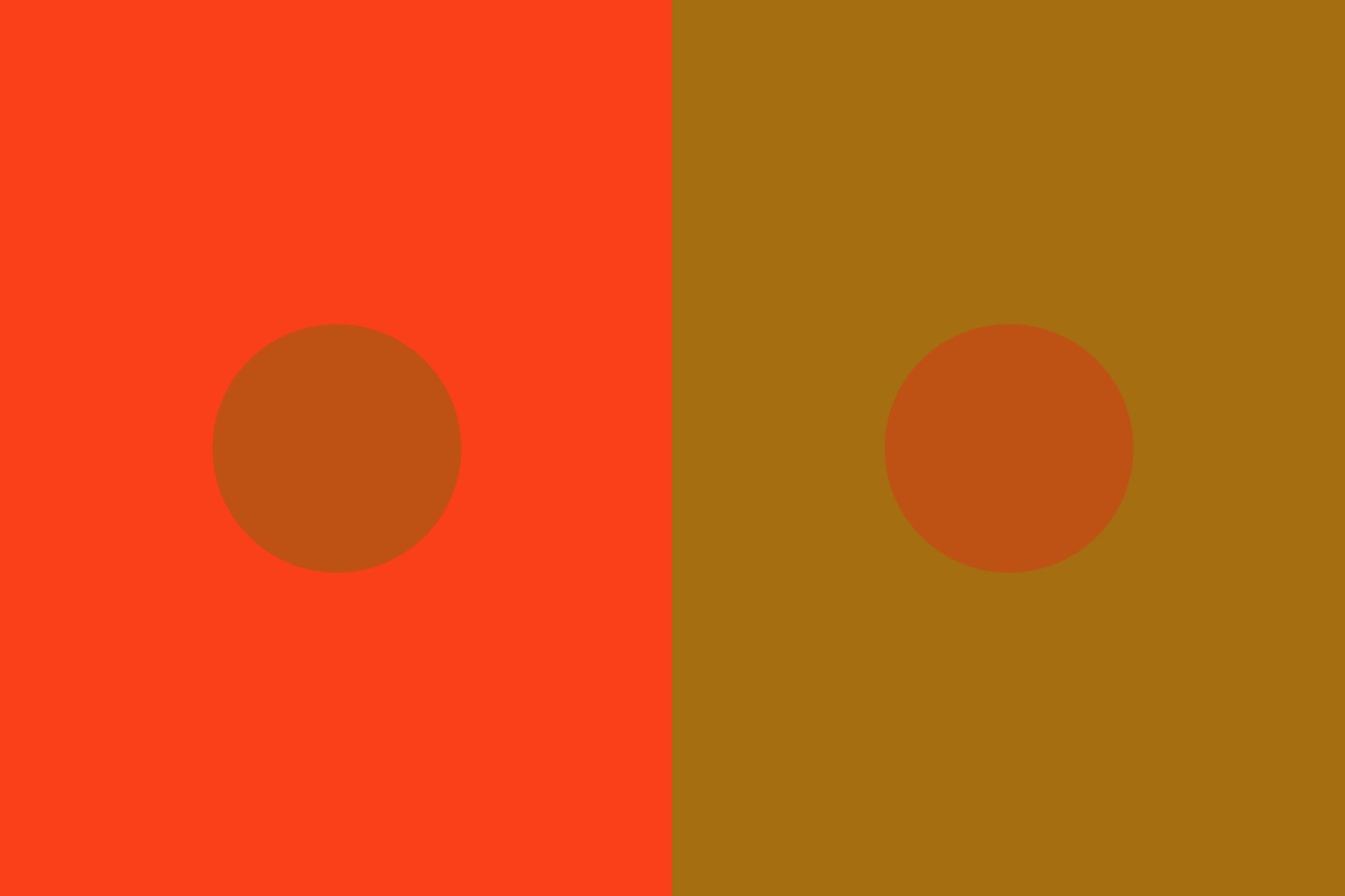 Graphic with a vertical split between a red and brown background, with a brown circle at the centre of each half.