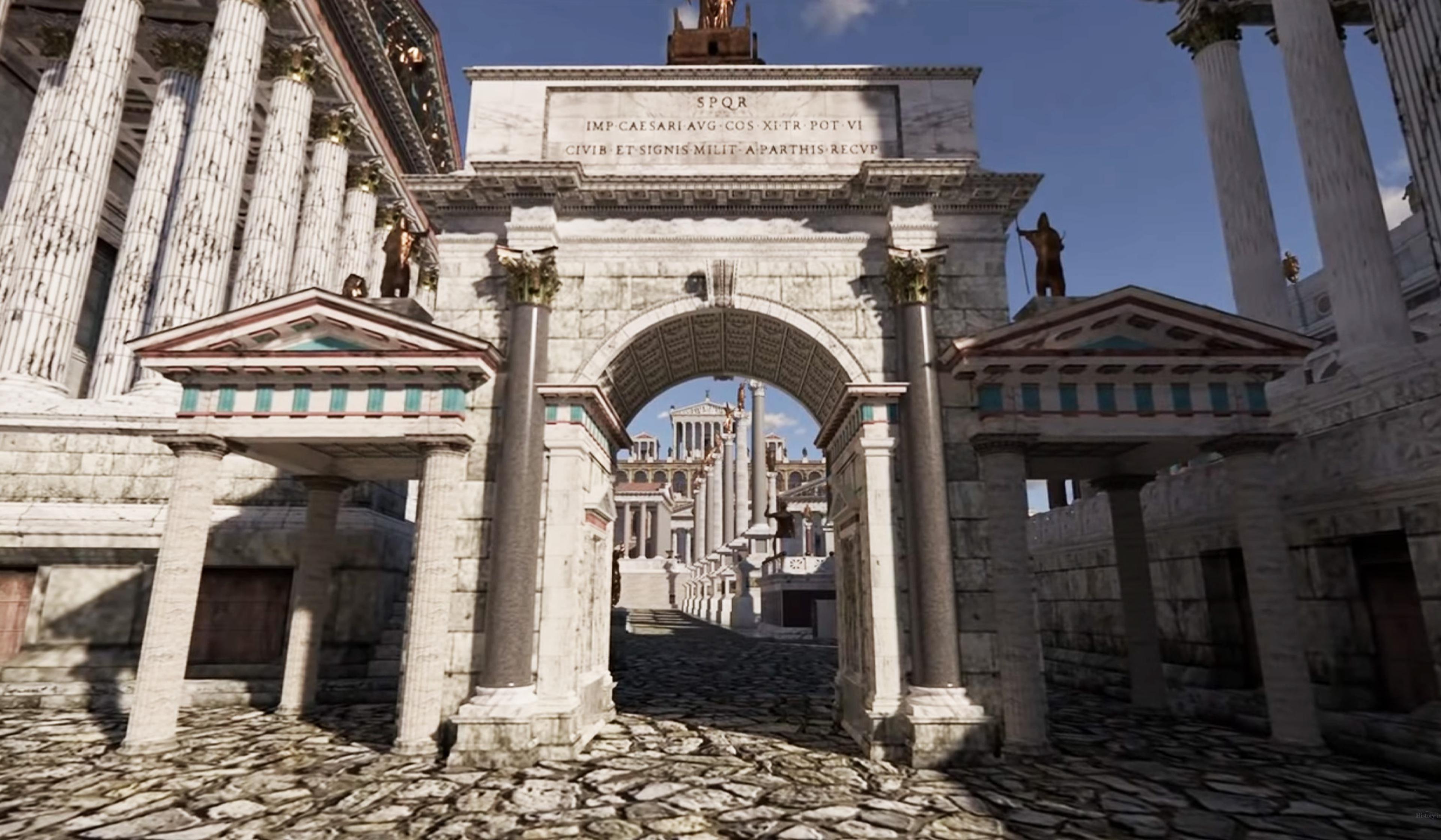 A 3D image of an ancient Roman archway with a Latin inscription, and buildings with columns in the background, viewed from a cobblestone path.
