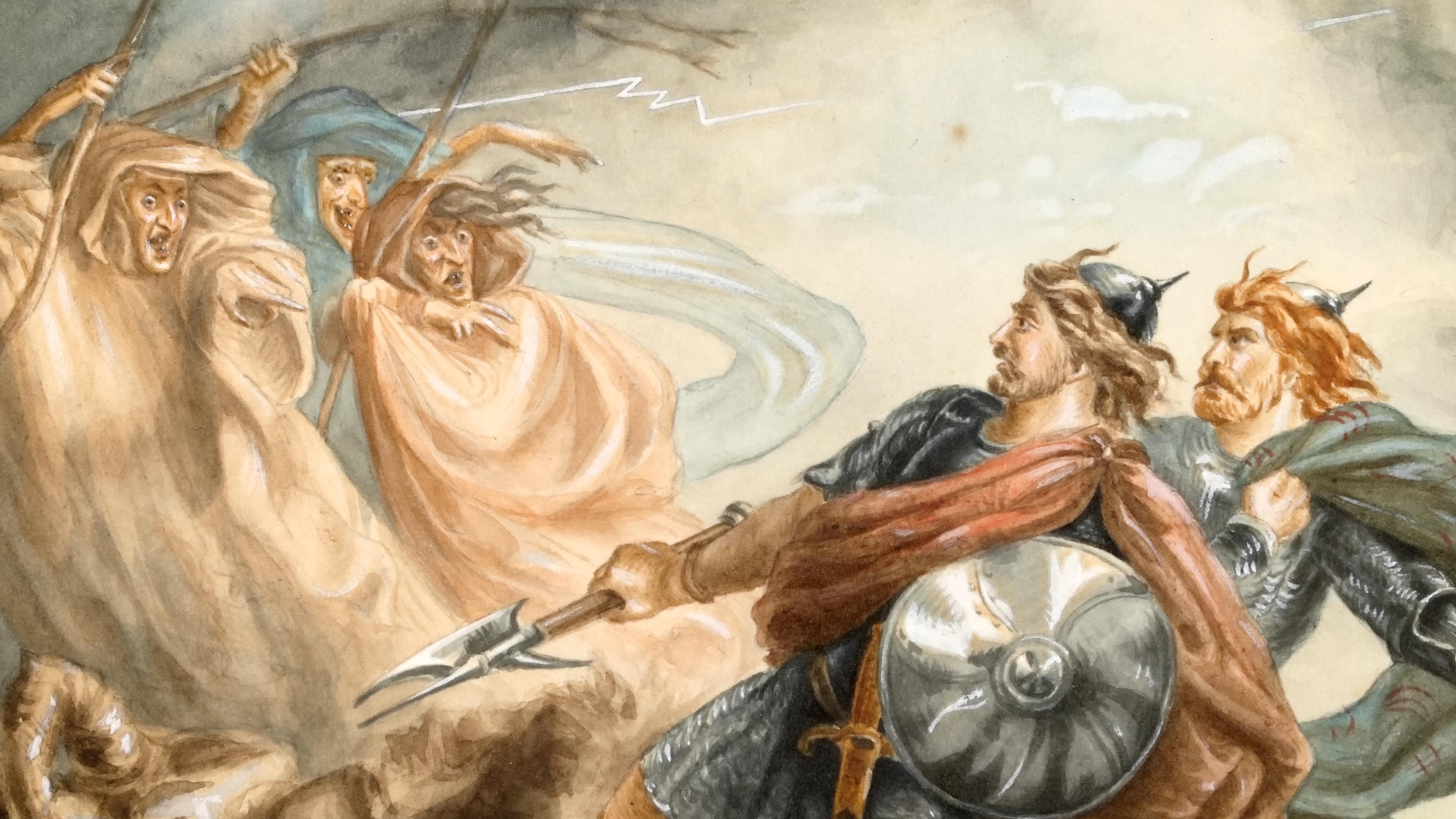 Painting of two armoured warriors confronting three hooded witches under a turbulent sky, with one warrior holding a spear.