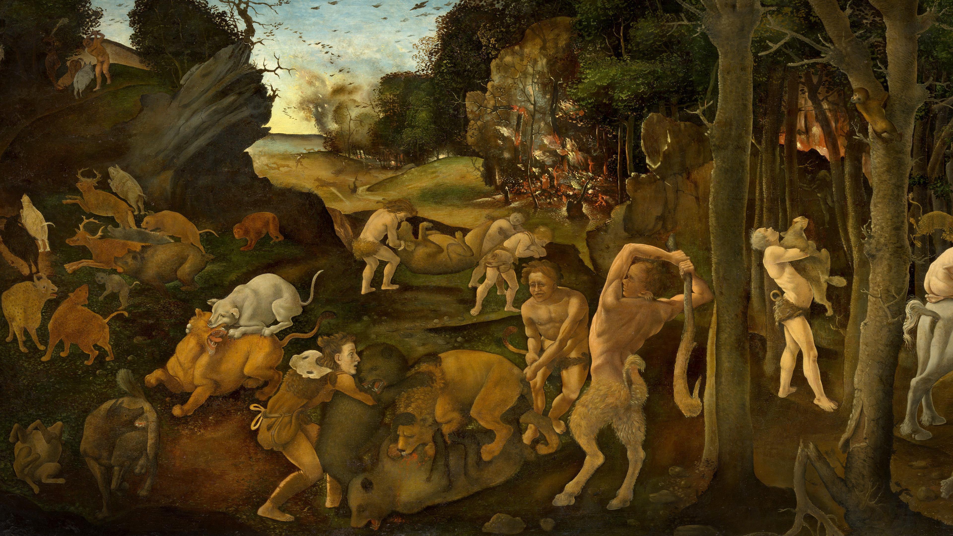 A painting of a mythical forest scene with centaurs, satyrs and wild animals in a chaotic setting.